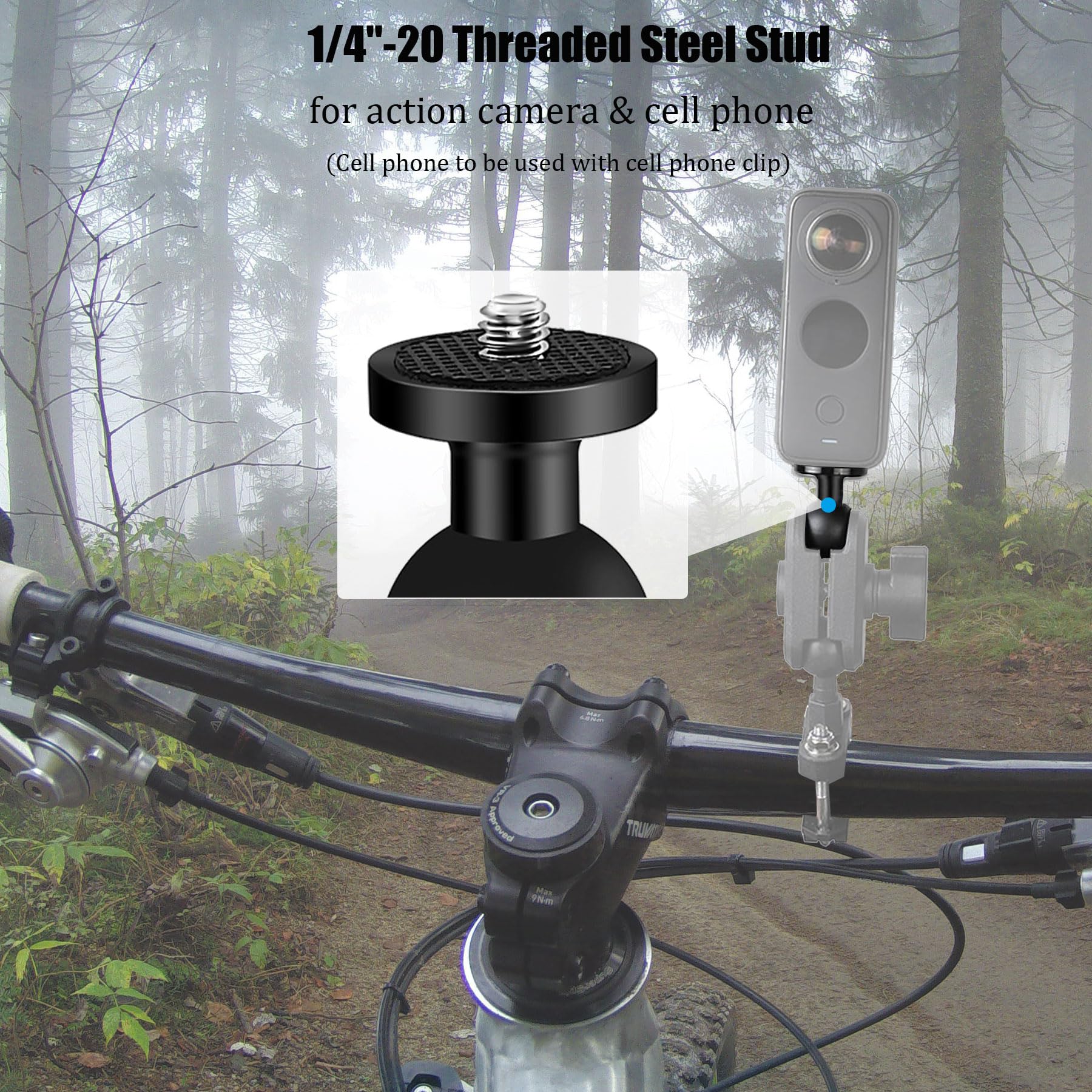 2PC Aluminum Alloy 1" Ball Mount Adapter with 1/4"-20 Threaded Stud for Insta360 One X3, X2, X, R, RS, GoPro, DJI OSMO Action Camera ,Compatible with RAM Ball Head Mounts B Size Double Socket Arm - Image 6