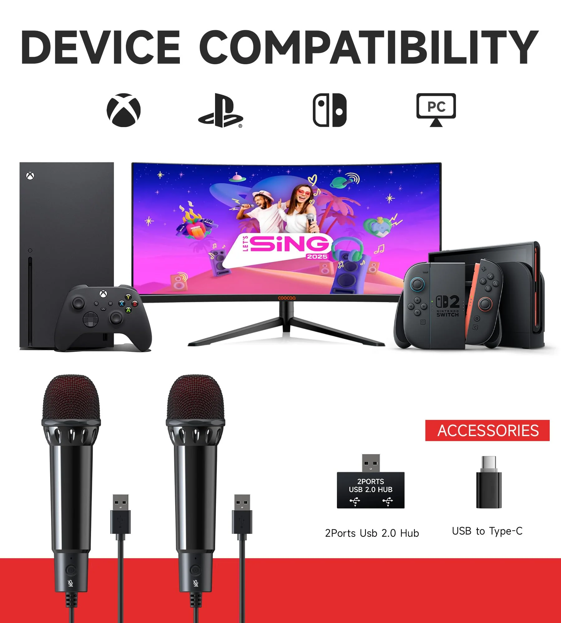 2Pcs 10Ft Wired USB Microphone for Switch 2&1 Gaming/PS5/PS4/XBOXONE/PC Gaming, Plug and Play, One Button Mute, Dual Karaoke, Directional Pick Up, 179g Golden Weight - Image 6