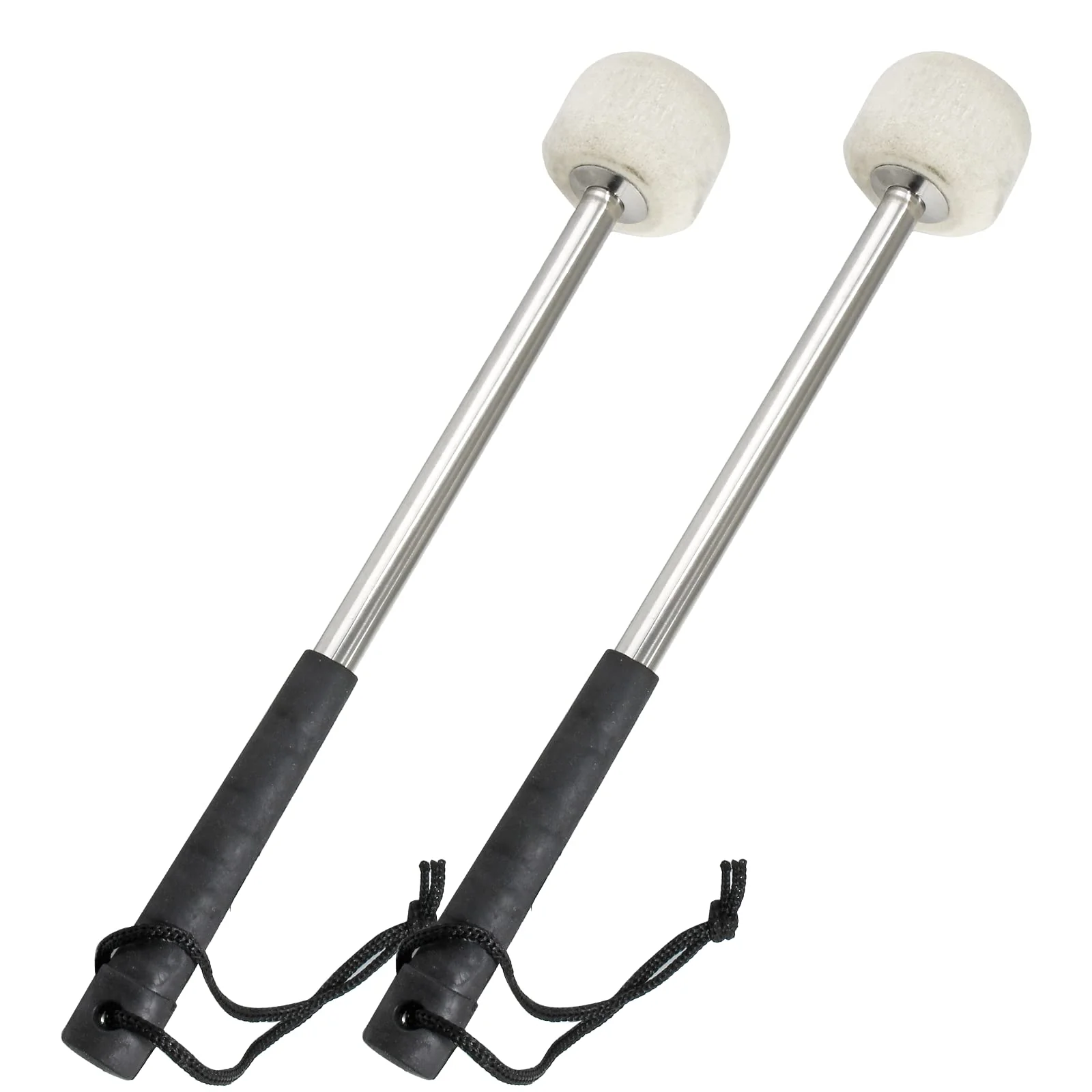 2Pcs Bass Drum Mallet, 12.6 Inch Wool Felt Head Drum Mallet Stick Anti-slip Bass Percussion Sticks Instrument Band Accessory for Drums Snare Drums (Stainless Steel) Black Handle Cover