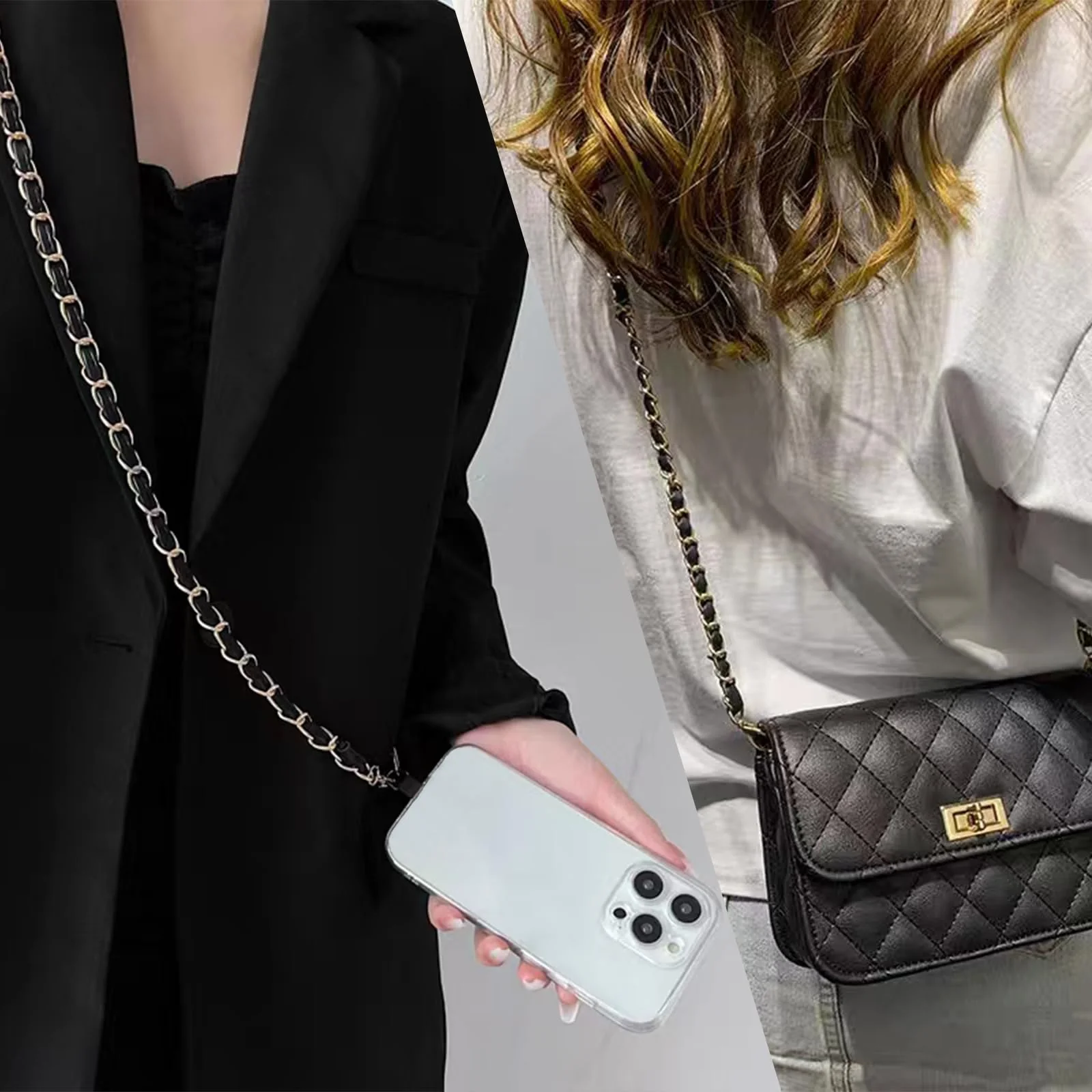 2PCS Cell Phone Chain Crossbody,Phone Lanyard,47.2" Metal Chain with Leather Strap for IPhone Case Black-47inch - Image 4