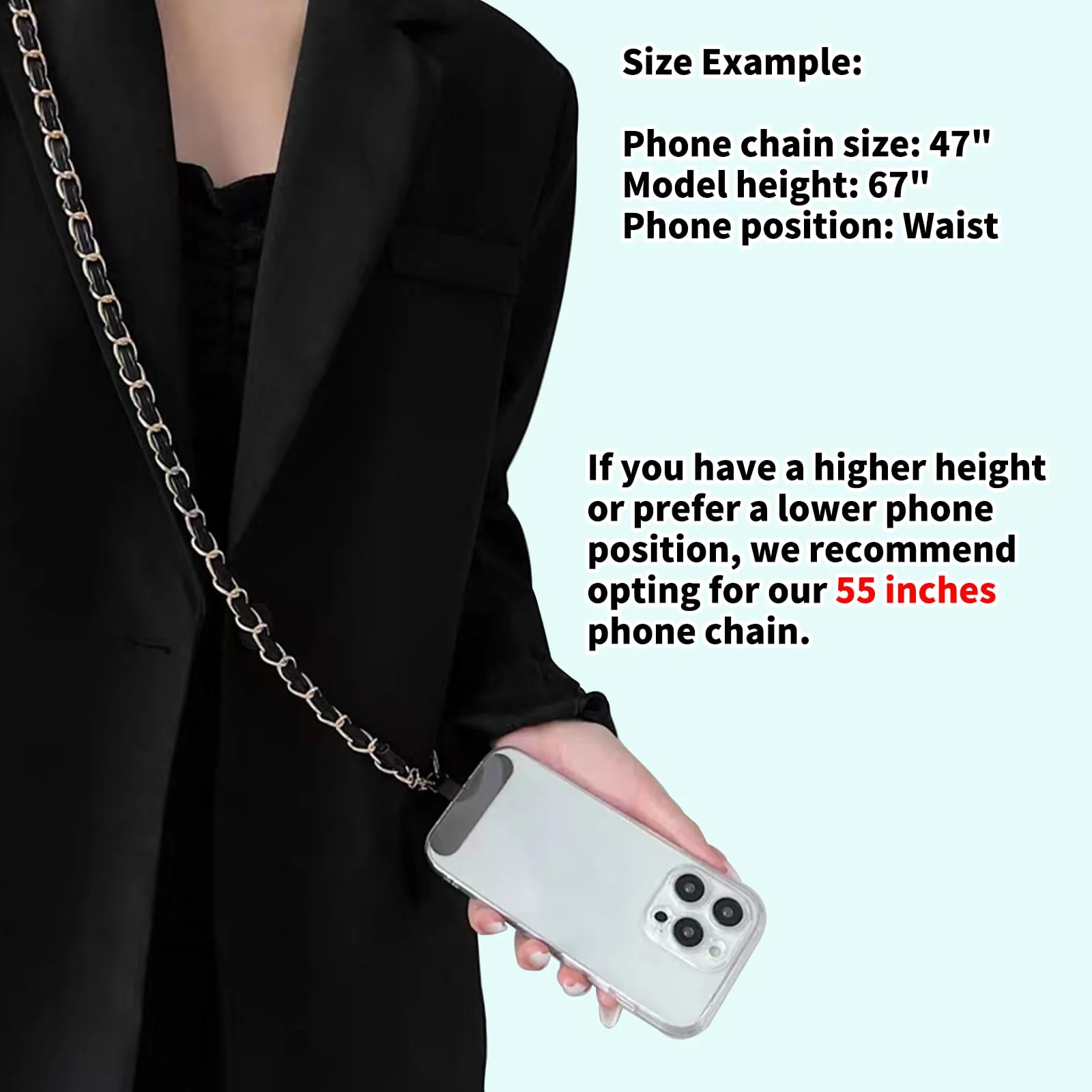 2PCS Cell Phone Chain Crossbody,Phone Lanyard,47.2" Metal Chain with Leather Strap for IPhone Case Black-47inch - Image 7