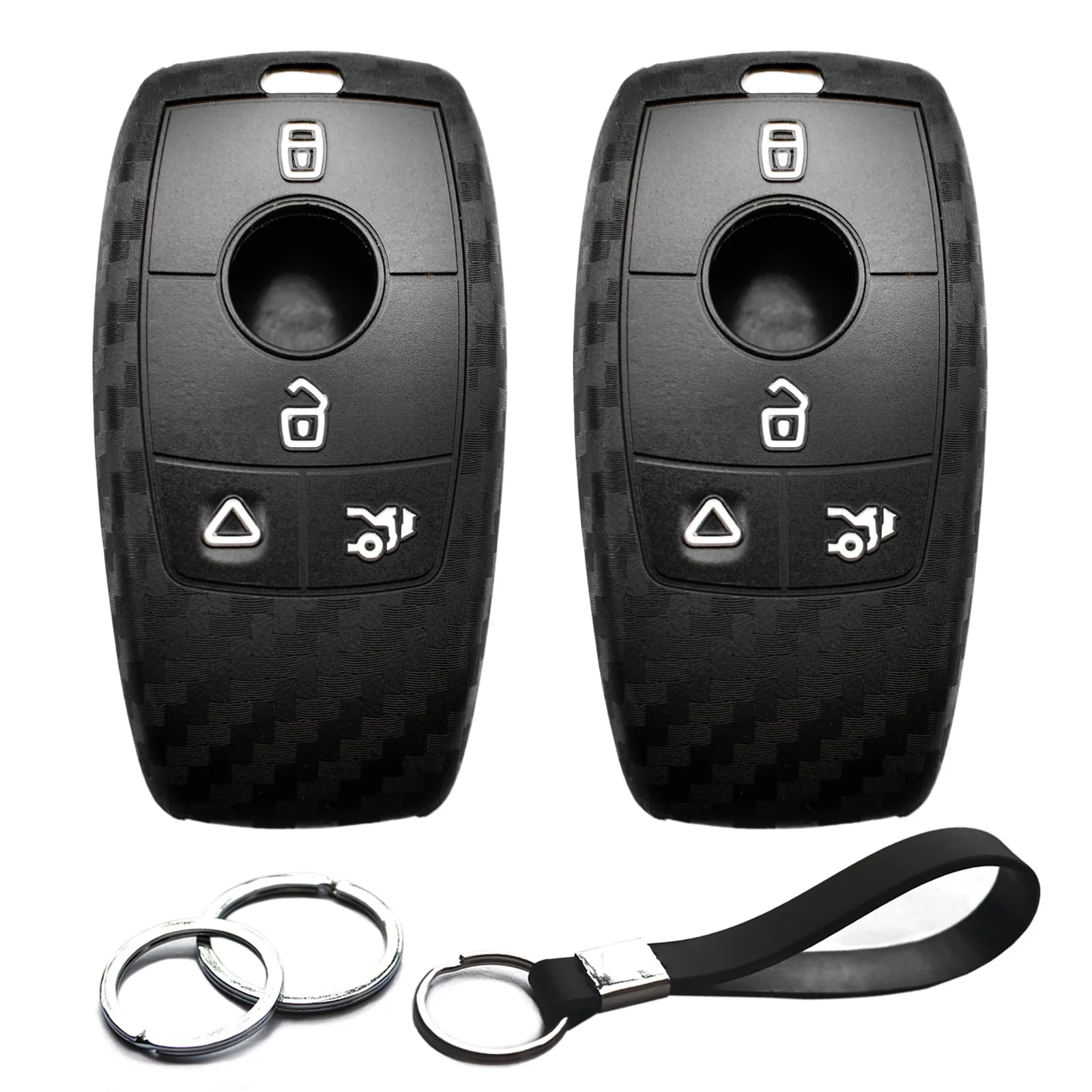 2pcs Compatible with Mercedes Benz Key Fob Cover Case Key Chain fit for A B C E G S CLA CLS GLA GLB GLC GLE GLS Glass Accessories Protector Keyless Remote Holder Carbon Fiber Black