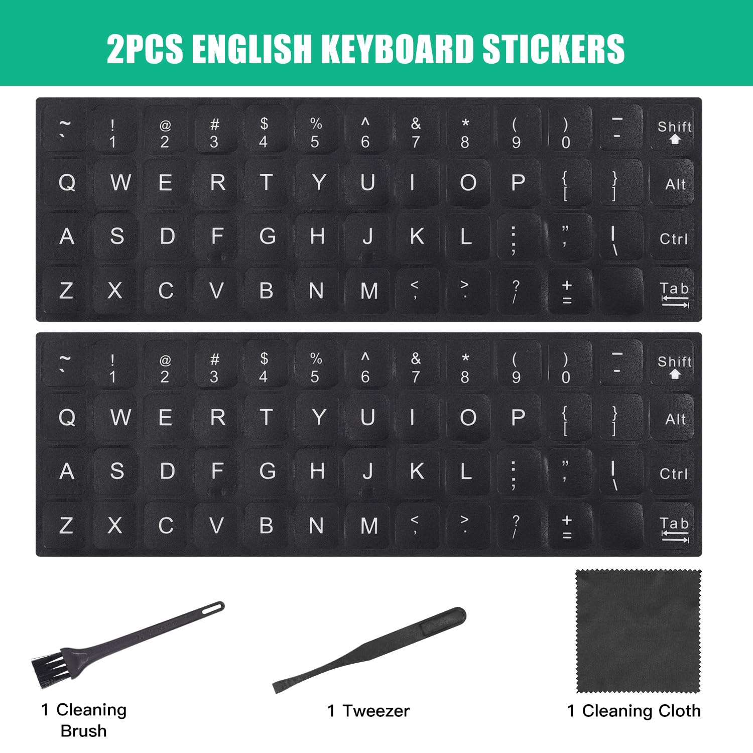 2PCS English Keyboard Stickers with Tweezer, Universal Replacement English Keyboard Stickers Black Background with White Lettering, Keyboard Alphabet Stickers for PC Laptop Notebook Computer Desktop English White Letters - Image 2