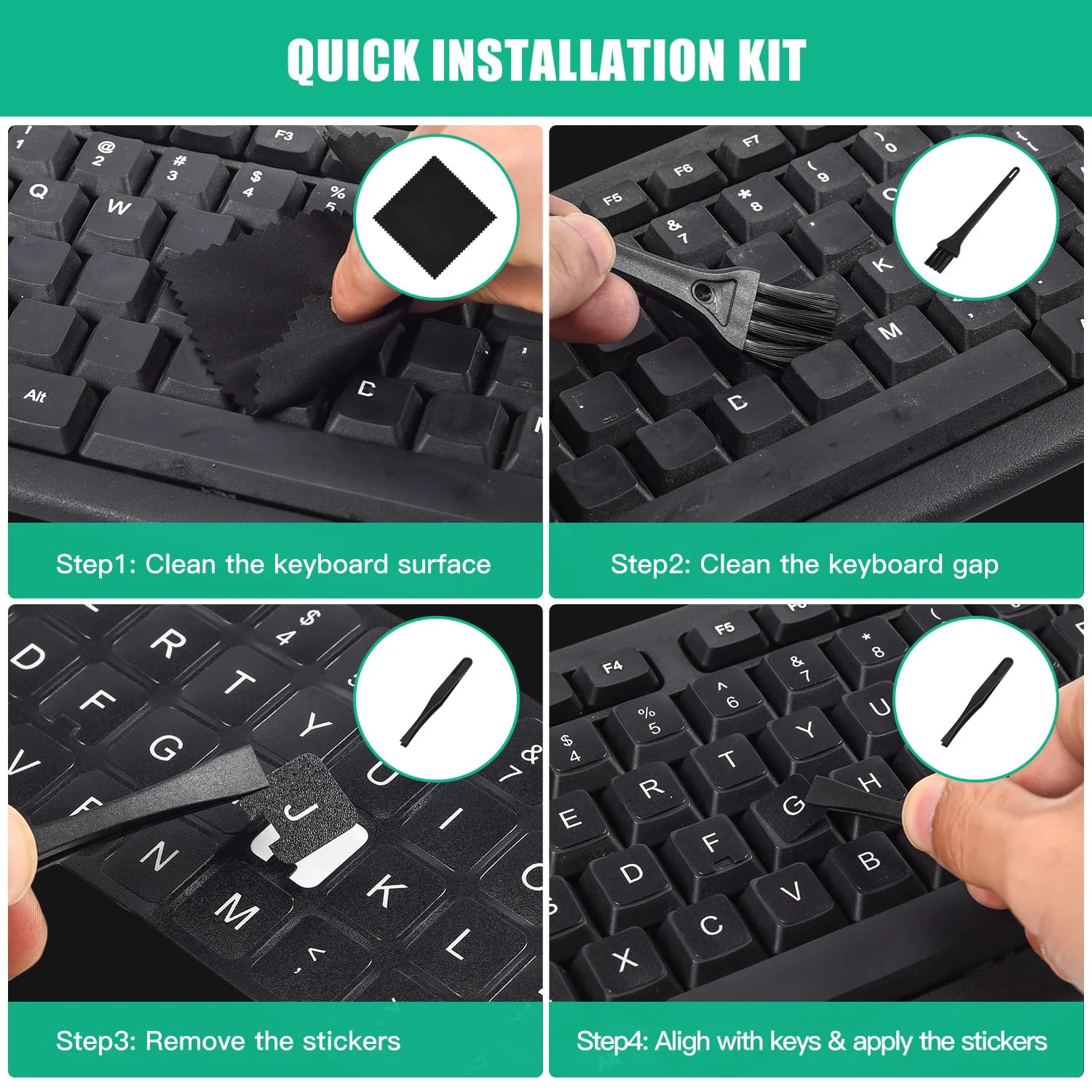 2PCS English Keyboard Stickers with Tweezer, Universal Replacement English Keyboard Stickers Black Background with White Lettering, Keyboard Alphabet Stickers for PC Laptop Notebook Computer Desktop English White Letters - Image 8