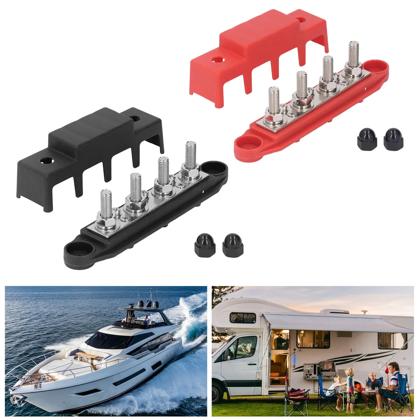 2pcs Power Distribution Block M8 Screw 4 Terminal Terminal Block Busbar DC 48V 250A with Brass Board for Automotive Boat - Image 2