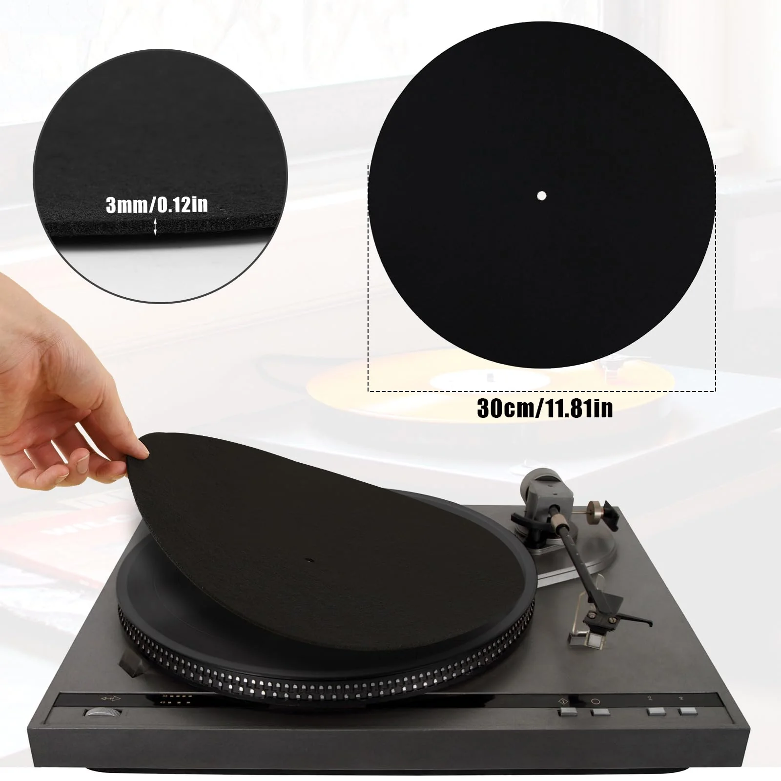 2pcs Record Player Mat, 12 Inch Anti-Slip & Anti-Static Felt Record Pad Turntable Slipmat Wool Turntable Platter Mat Record Player Protective Mat for Home Record Players (Black) - Image 2