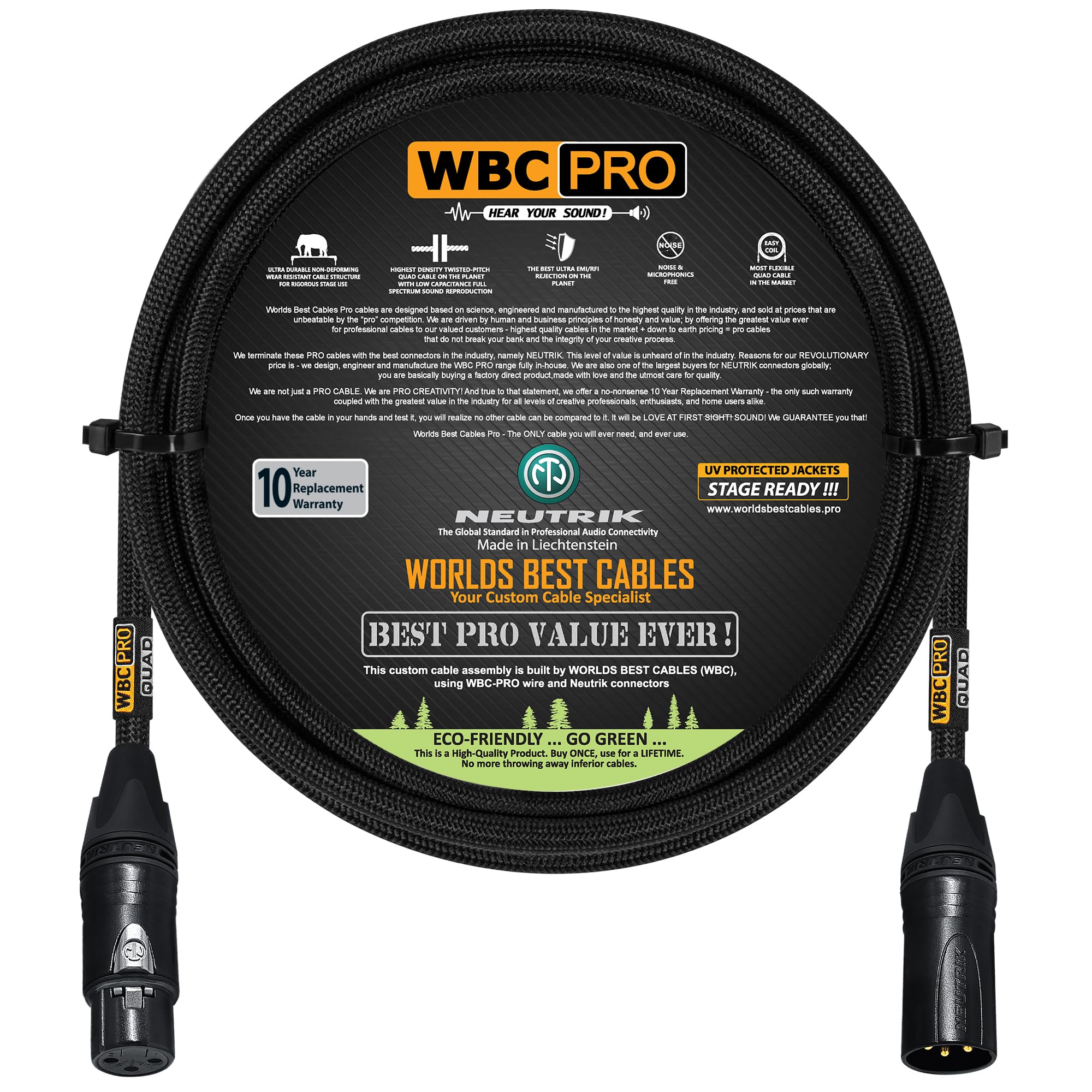 3 Foot - WBC-PRO-Quad Ultra-Silent Ultra-Flexible Balanced Star-Quad Cable with Neutrik Male & Female XLR Plugs & Black Tweed Jacket