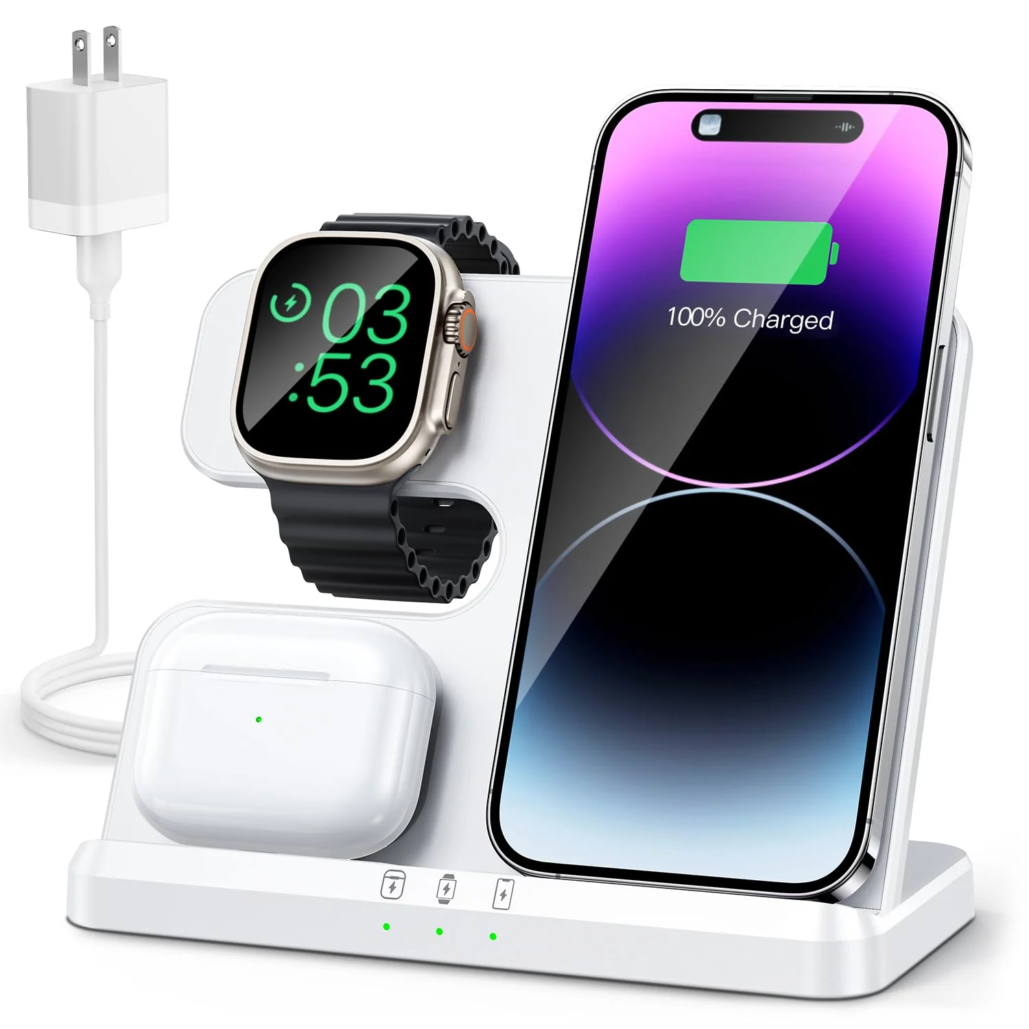 3 in 1 Charging Station for Apple Wireless Charger for iPhone 16 15 14 13 12 11 X 8 & for Apple Watch Charger Wireless Charging Station for Multiple Devices for AirPods 4 3 Pro B-White