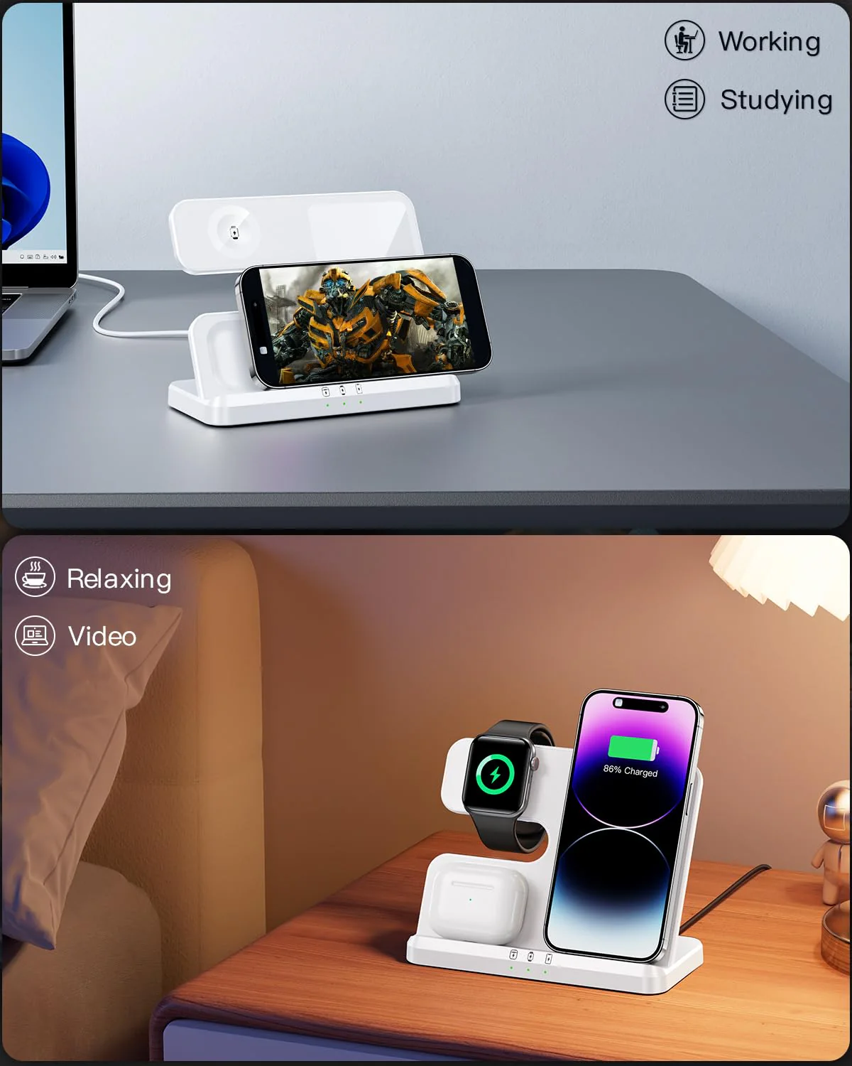 3 in 1 Charging Station for Apple Wireless Charger for iPhone 16 15 14 13 12 11 X 8 & for Apple Watch Charger Wireless Charging Station for Multiple Devices for AirPods 4 3 Pro B-White - Image 6