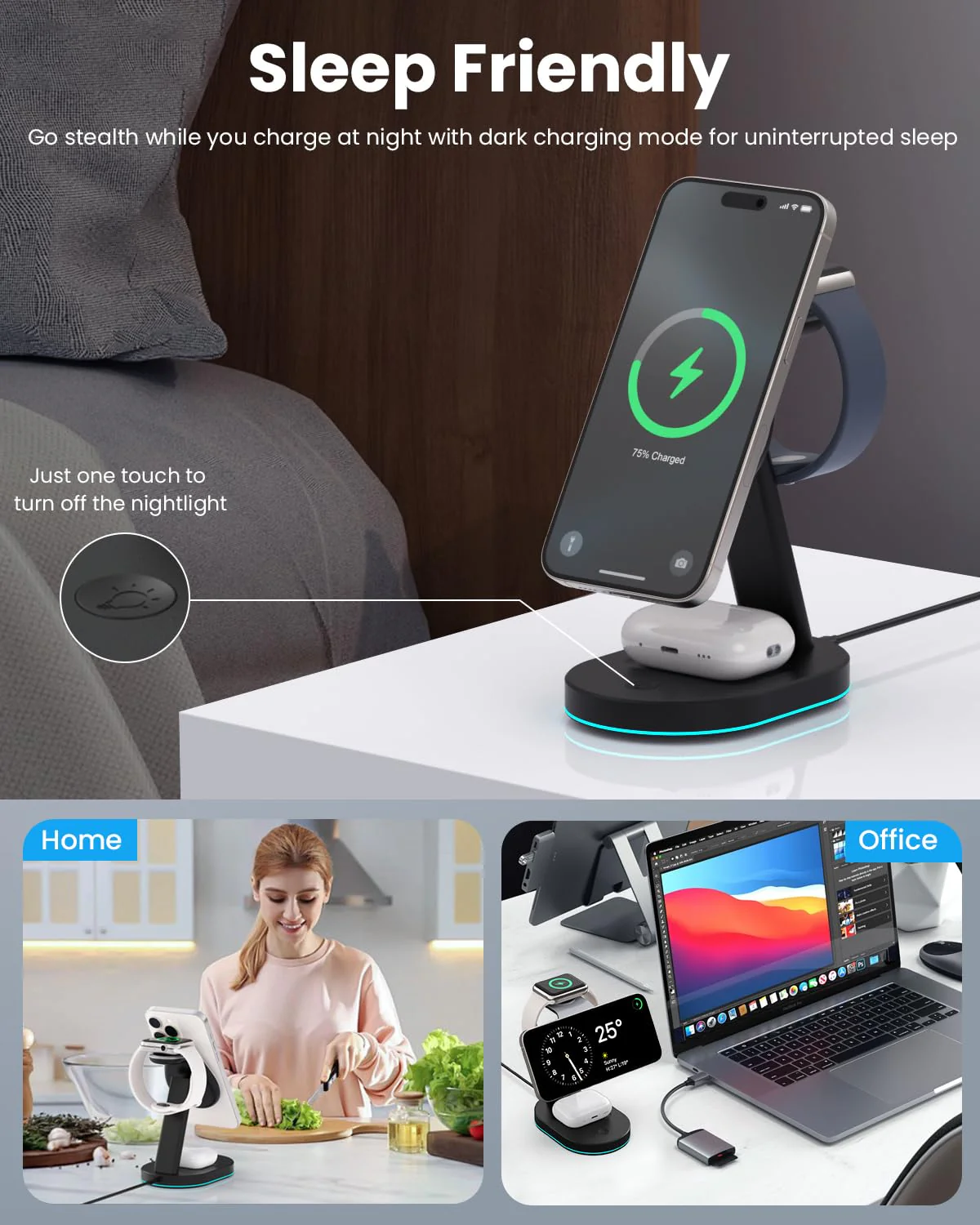 3 in 1 Wireless Charger Charging Station for iPhone,Qi2 Certified 15W Magnetic Charging Stand for Mag-Safe with 30W USB C Adapter&Friendly Night Light for iPhone 16/15/14/13/12,Apple Watch,AirPods A-Black - Image 5