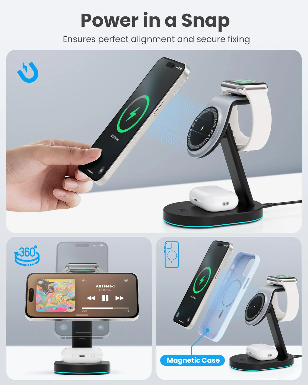 3 in 1 Wireless Charger Charging Station for iPhone,Qi2 Certified 15W Magnetic Charging Stand for Mag-Safe with 30W USB C Adapter&Friendly Night Light for iPhone 16/15/14/13/12,Apple Watch,AirPods A-Black - Image 6