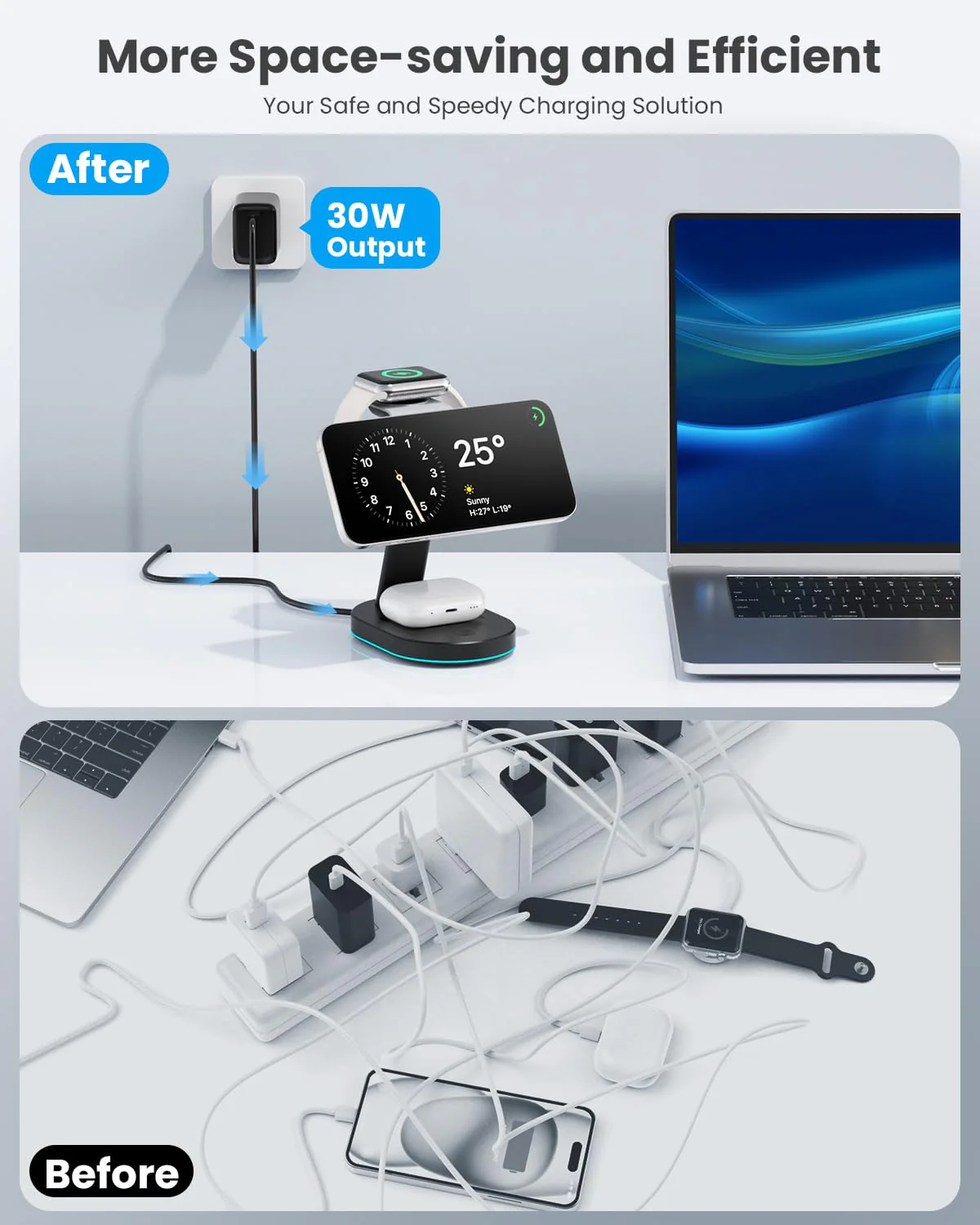 3 in 1 Wireless Charger Charging Station for iPhone,Qi2 Certified 15W Magnetic Charging Stand for Mag-Safe with 30W USB C Adapter&Friendly Night Light for iPhone 16/15/14/13/12,Apple Watch,AirPods A-Black - Image 7