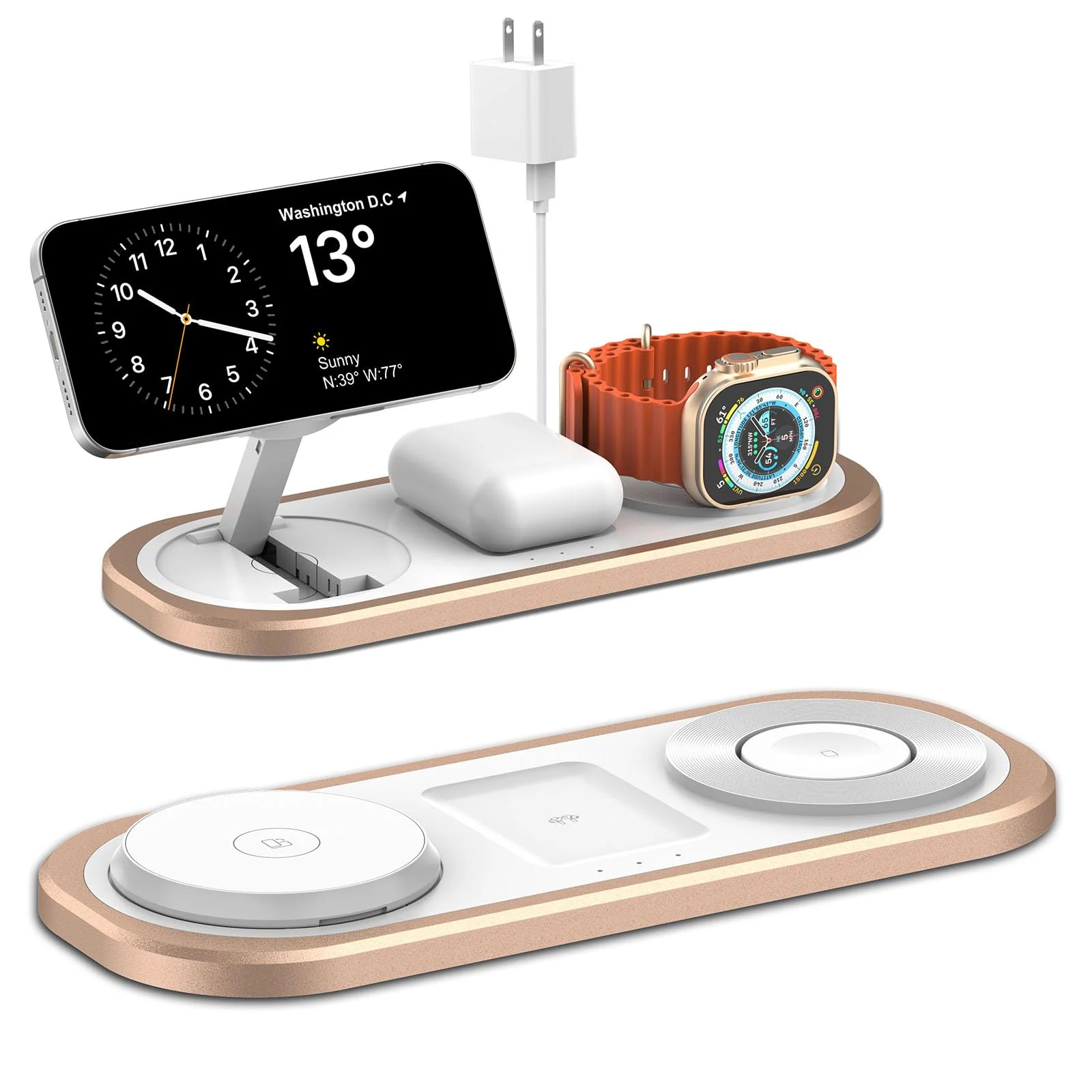 3 in 1 Wireless Charger for iPhone, Foldable Charging Station for Magsafe for iPhone 16/15/14/13/12/Pro Max/Pro/Mini/Plus, Apple Watch 10/9/8/7/SE/6/5/4/3/2/1/Ultra2/Ultra, AirPods pro/2/3/4 (Golden) Golden