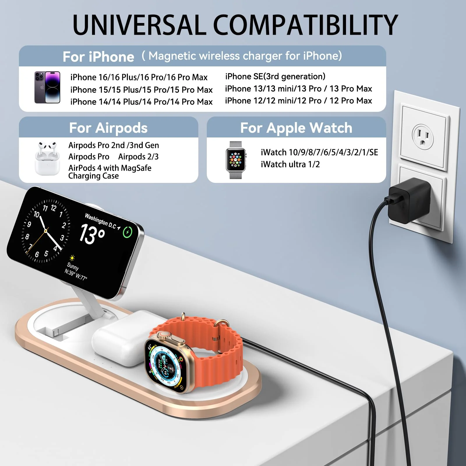 3 in 1 Wireless Charger for iPhone, Foldable Charging Station for Magsafe for iPhone 16/15/14/13/12/Pro Max/Pro/Mini/Plus, Apple Watch 10/9/8/7/SE/6/5/4/3/2/1/Ultra2/Ultra, AirPods pro/2/3/4 (Golden) Golden - Image 2