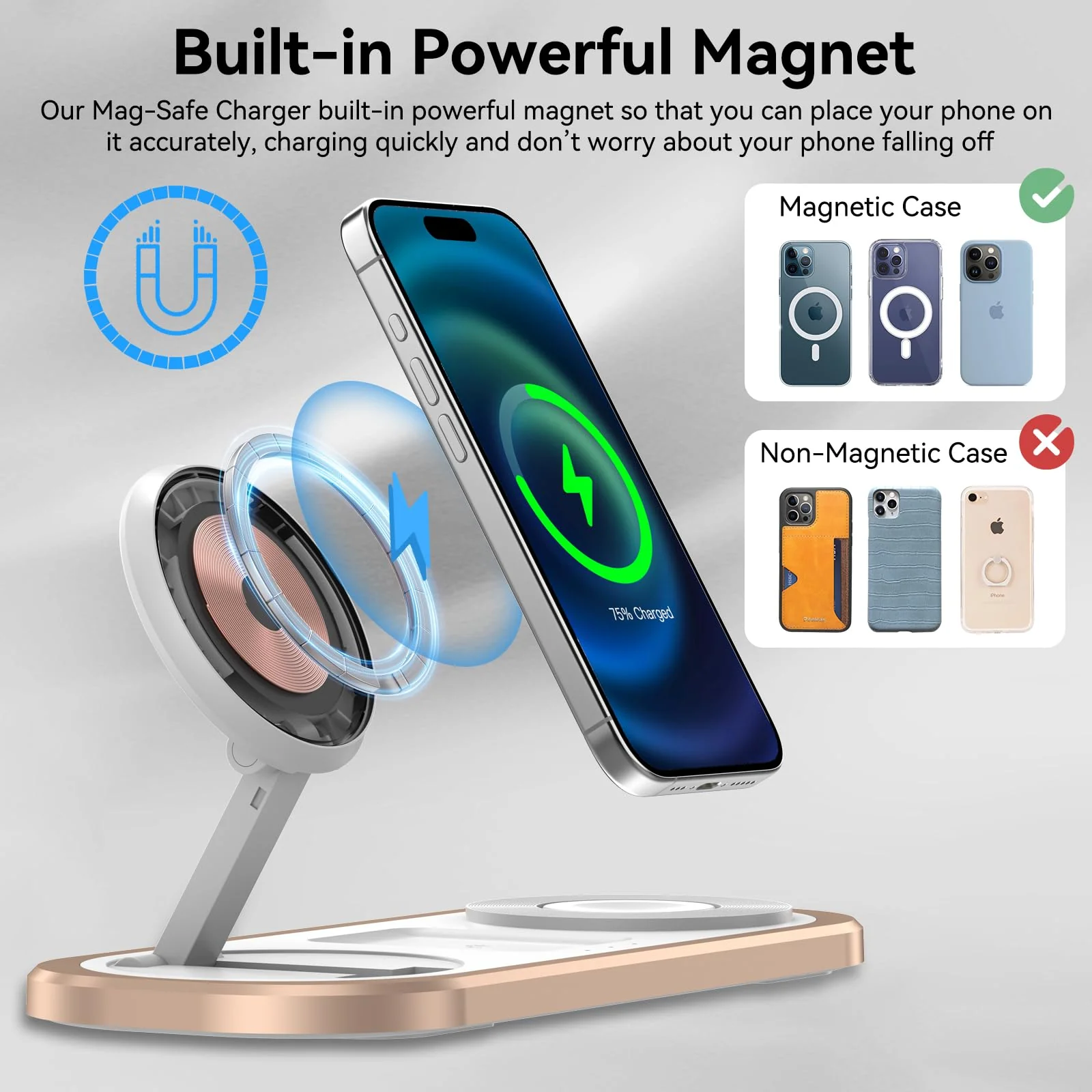 3 in 1 Wireless Charger for iPhone, Foldable Charging Station for Magsafe for iPhone 16/15/14/13/12/Pro Max/Pro/Mini/Plus, Apple Watch 10/9/8/7/SE/6/5/4/3/2/1/Ultra2/Ultra, AirPods pro/2/3/4 (Golden) Golden - Image 3