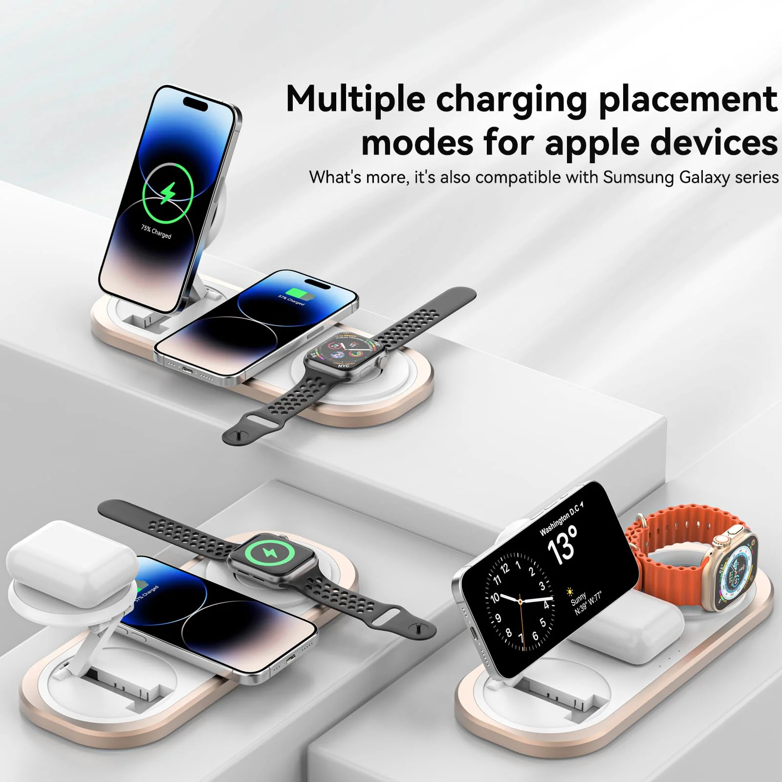 3 in 1 Wireless Charger for iPhone, Foldable Charging Station for Magsafe for iPhone 16/15/14/13/12/Pro Max/Pro/Mini/Plus, Apple Watch 10/9/8/7/SE/6/5/4/3/2/1/Ultra2/Ultra, AirPods pro/2/3/4 (Golden) Golden - Image 4