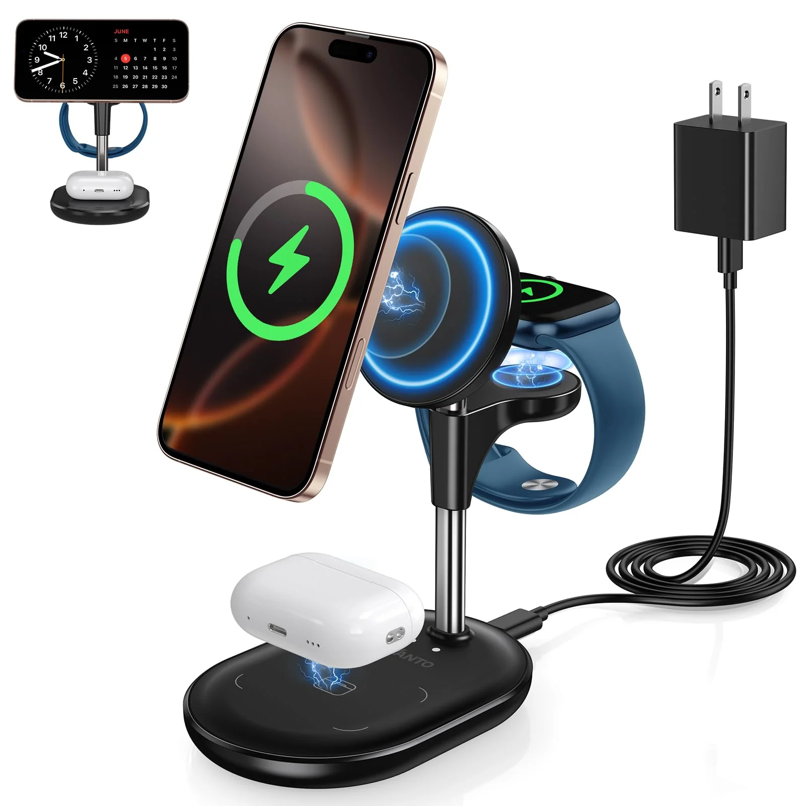 3 in 1 Wireless Charging Station for Apple MagSafe Charger, 15W Fast Qi-Certified Magnetic Mag-Safe Charger Stand for iPhone 16 15 14 13 12 Apple Watch AirPods, Adjustable Angle,Gifts for Men Black