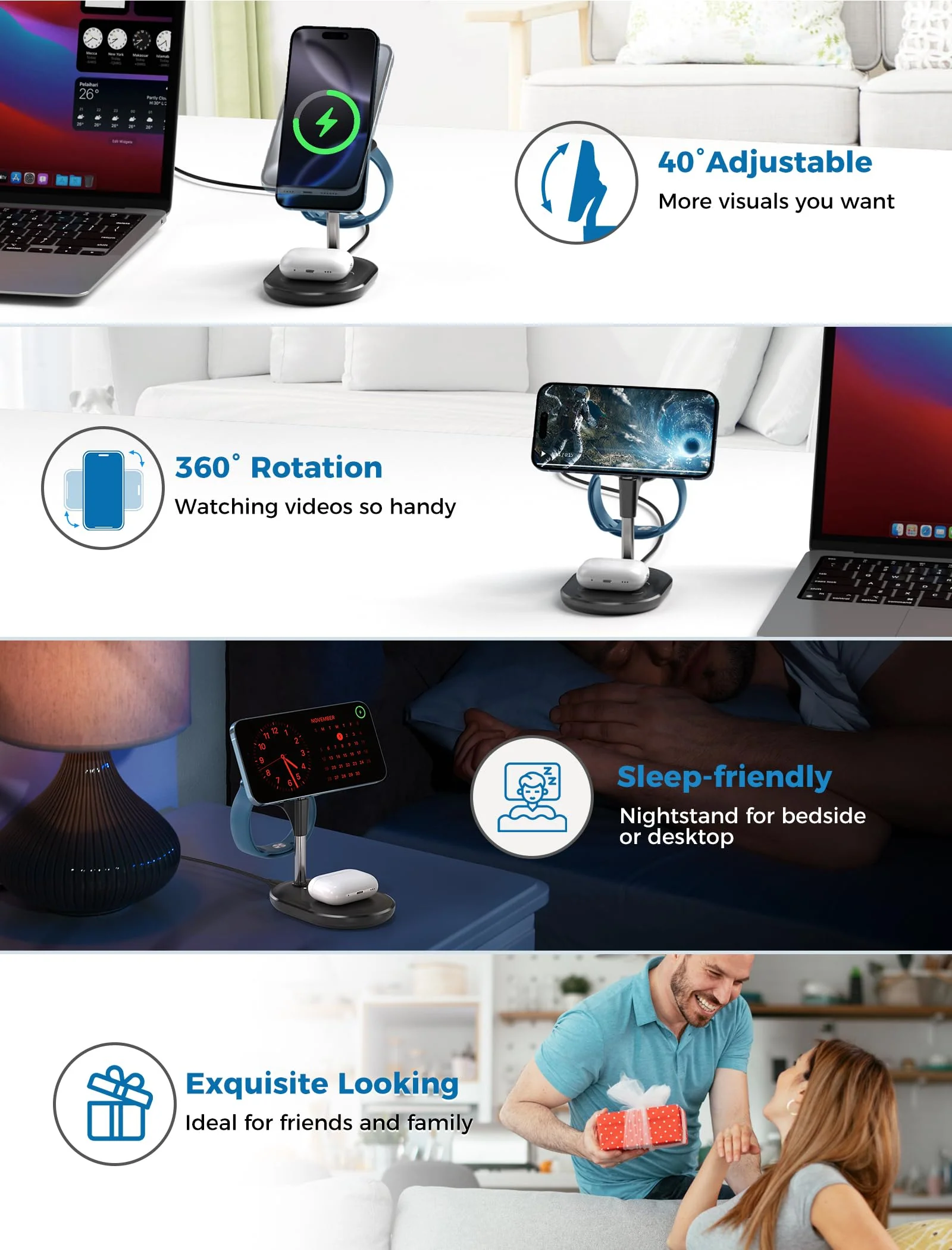 3 in 1 Wireless Charging Station for Apple MagSafe Charger, 15W Fast Qi-Certified Magnetic Mag-Safe Charger Stand for iPhone 16 15 14 13 12 Apple Watch AirPods, Adjustable Angle,Gifts for Men Black - Image 7