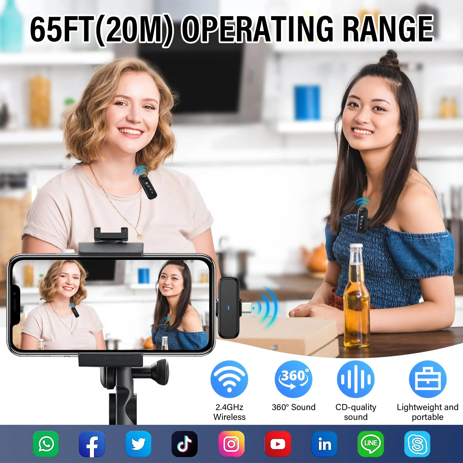 3 in 1 Wireless Lavalier Microphone for Android/Tablets/PC Intelligent Noise Cancelling with Charging Case Dual Microphones 20 H Battery Life, Mini Microphone for Video Recording Podcast-Black - Image 3