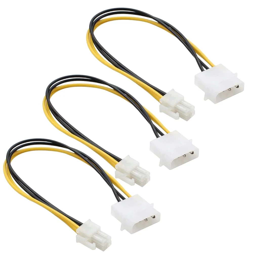 3-Pack LP4 Molex Male to ATX 4 pin Male Auxiliary Power Adapter Cable 9.5-inch (24cm), Black