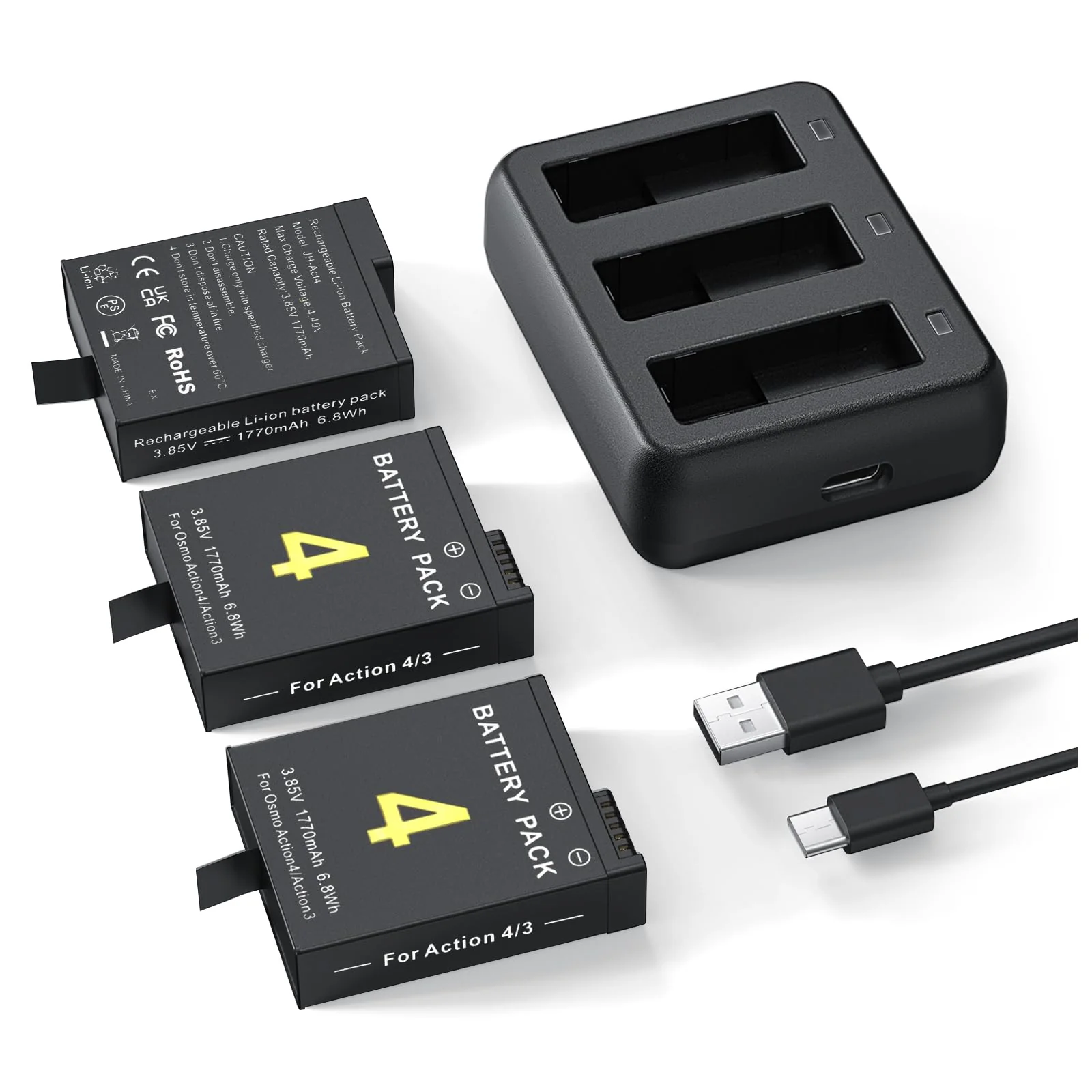 3 Packs Replacement Batteries for DJI Osmo Action 4, Osmo Action 3, 1770mAh Rechargeable Battery Compatible with DJI Osmo Action 4 3 Accessories, with 3-Channel Battery Charger