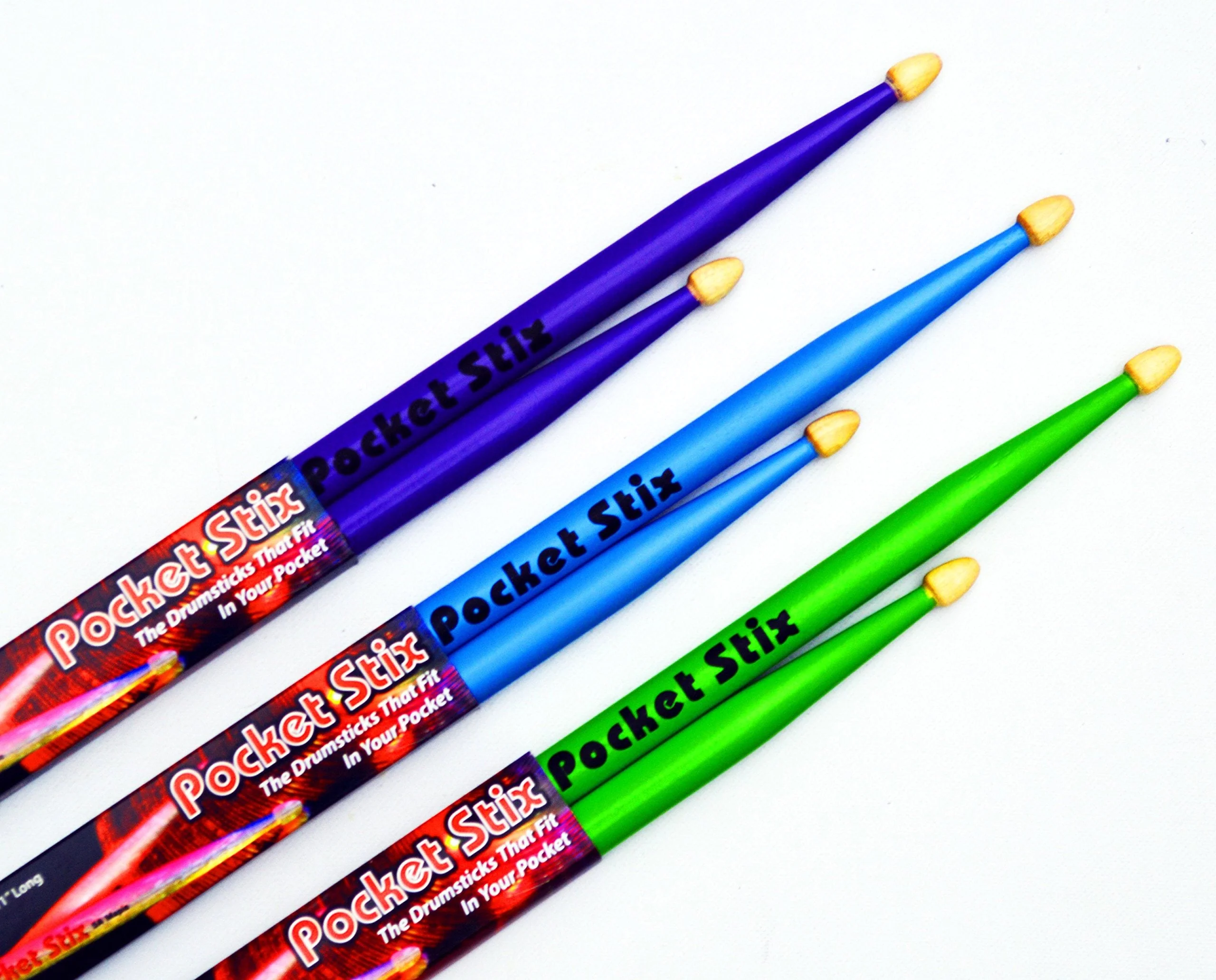 3 Pairs Pocket Stix 11" Drumsticks For Kids in Alien Green, Bebop Blue & Wild Purple 11-in. - Image 2