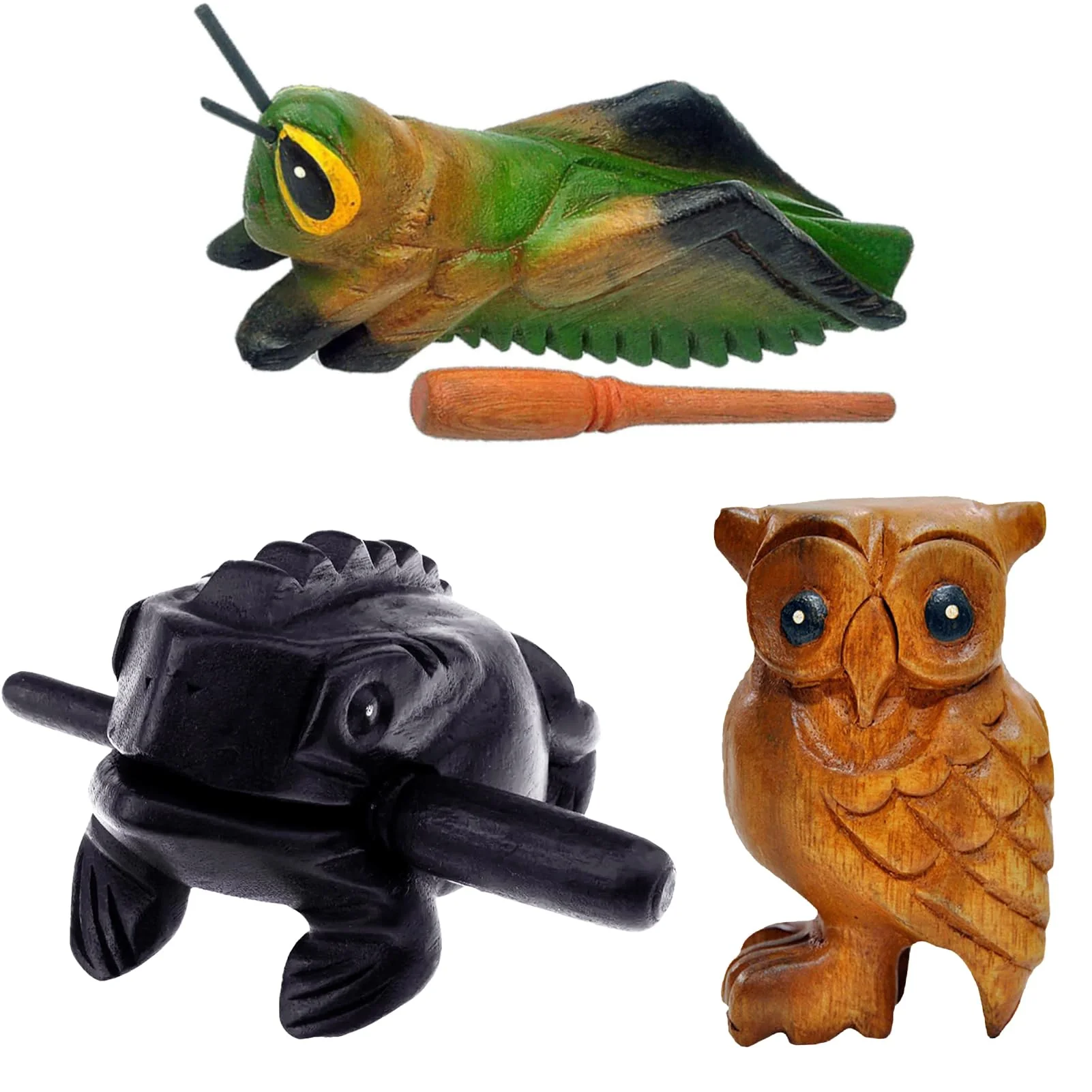 3 Pcs Handmade Wooden Percussion Instruments Animal Set, 3 Inch Wooden Frog, 4 Inch Wooden Cricket, and 2.3 Inch Wooden Owl, Artistic Craft and Unique Gift (Small) S- 3"Frog 4"Cricket 2"Owl