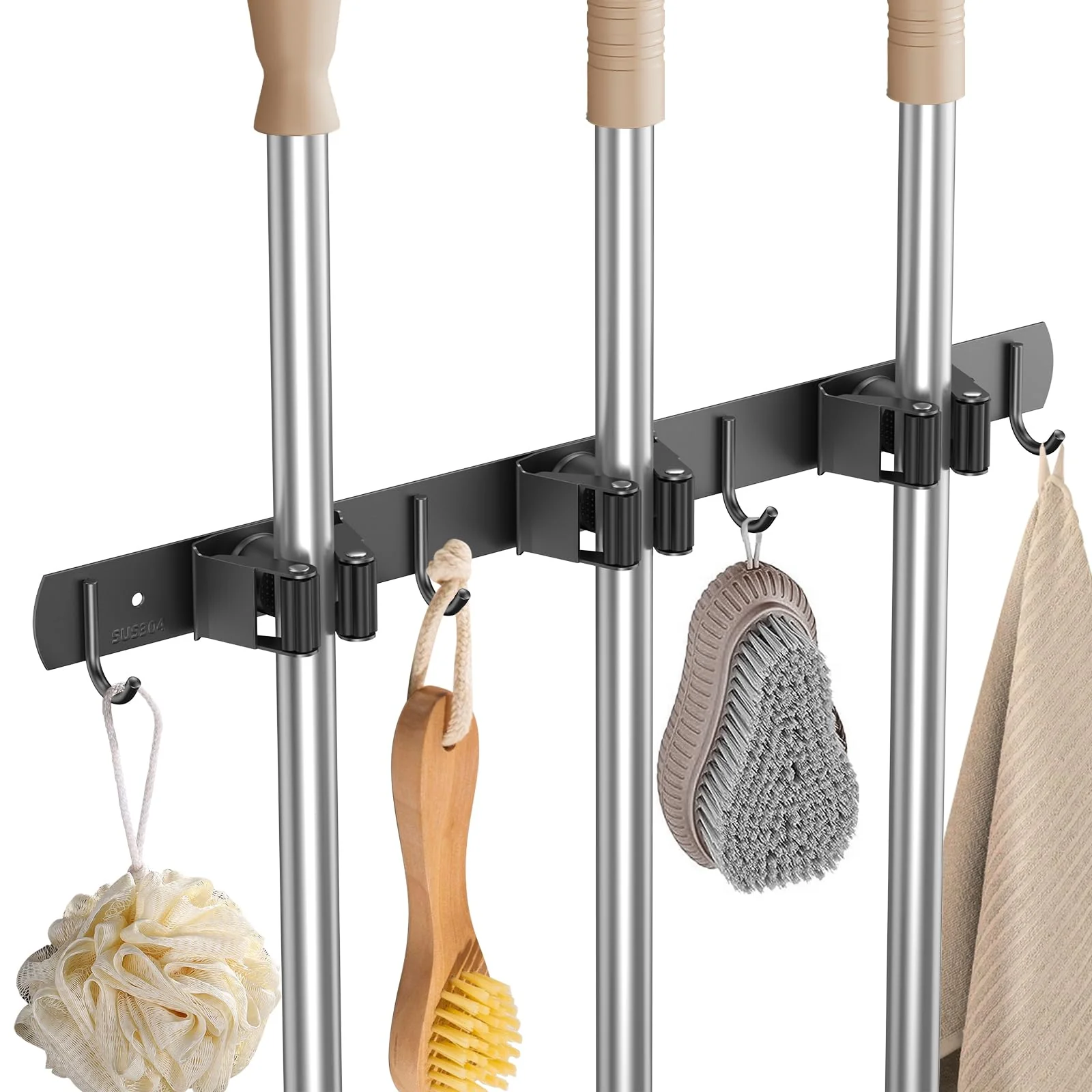 3 Positions Wall Mounted Mop Holder, Robust Stainless Steel Broom Holder, Multifunctional Broom Storage, Mop Holder with Hook, Mop Wall Mount, Device Holder Rail for Kitchen, Bathroom, Garden