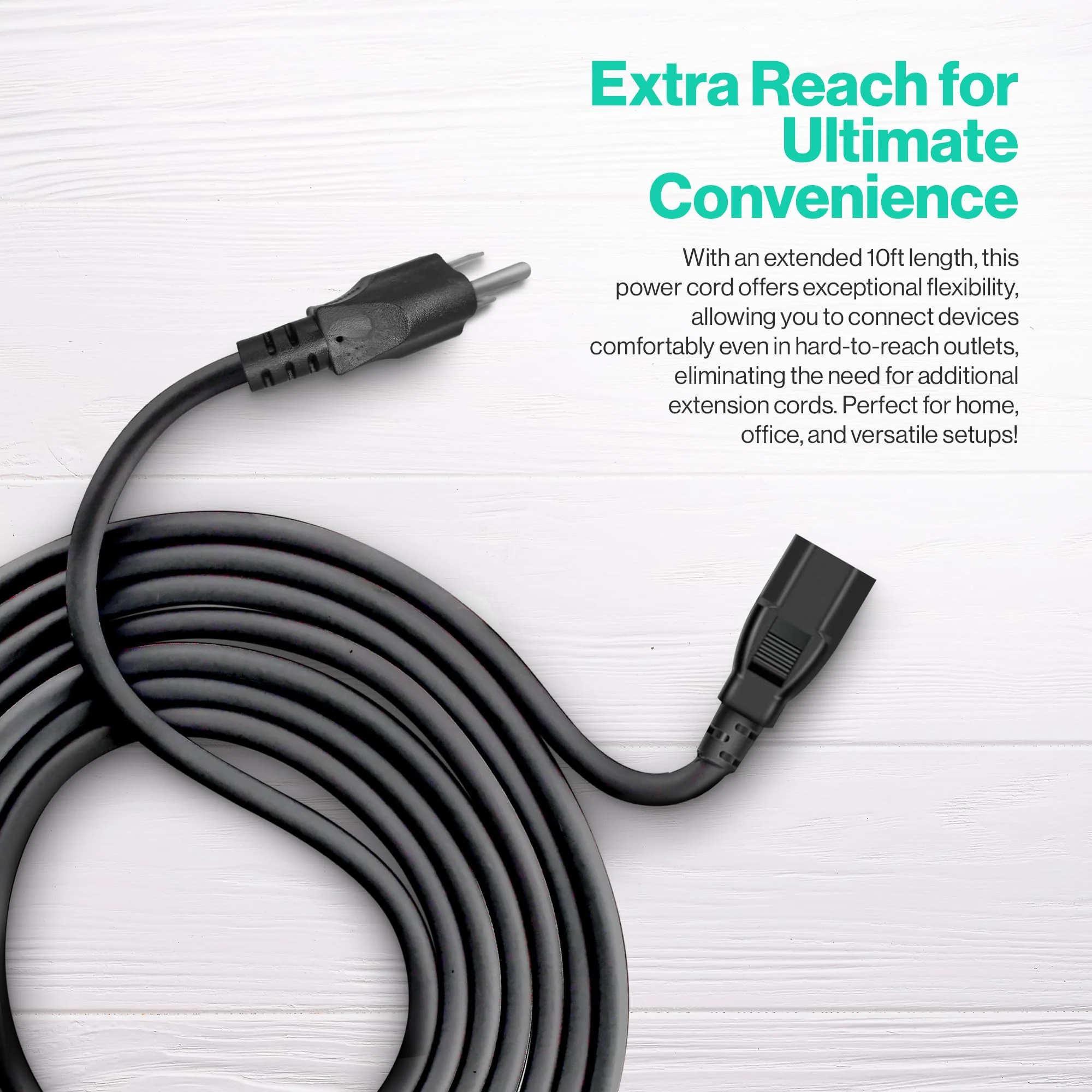 3 Prong AC Power Cord 10ft Long Standard | 125V | for Computer, Monitor, TV, Printer, Power Supply PSU Electric Cable Replacement Power Cord 10-feet - Image 2