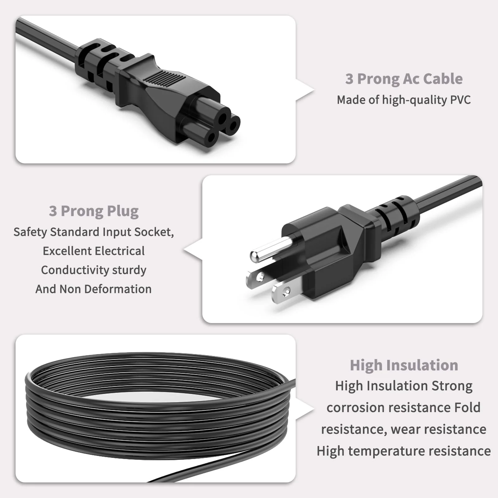 3 Prong Power Cord Replacement Power Cable for Computers, TV, Monitors, Dell, IBM, HP, Asus, Sony, Samsung, Toshiba, Lenovo, Acer, Epson Printer, LG LED LCD Smart 1080p HDTV, 6 Ft AC Cable - Image 4