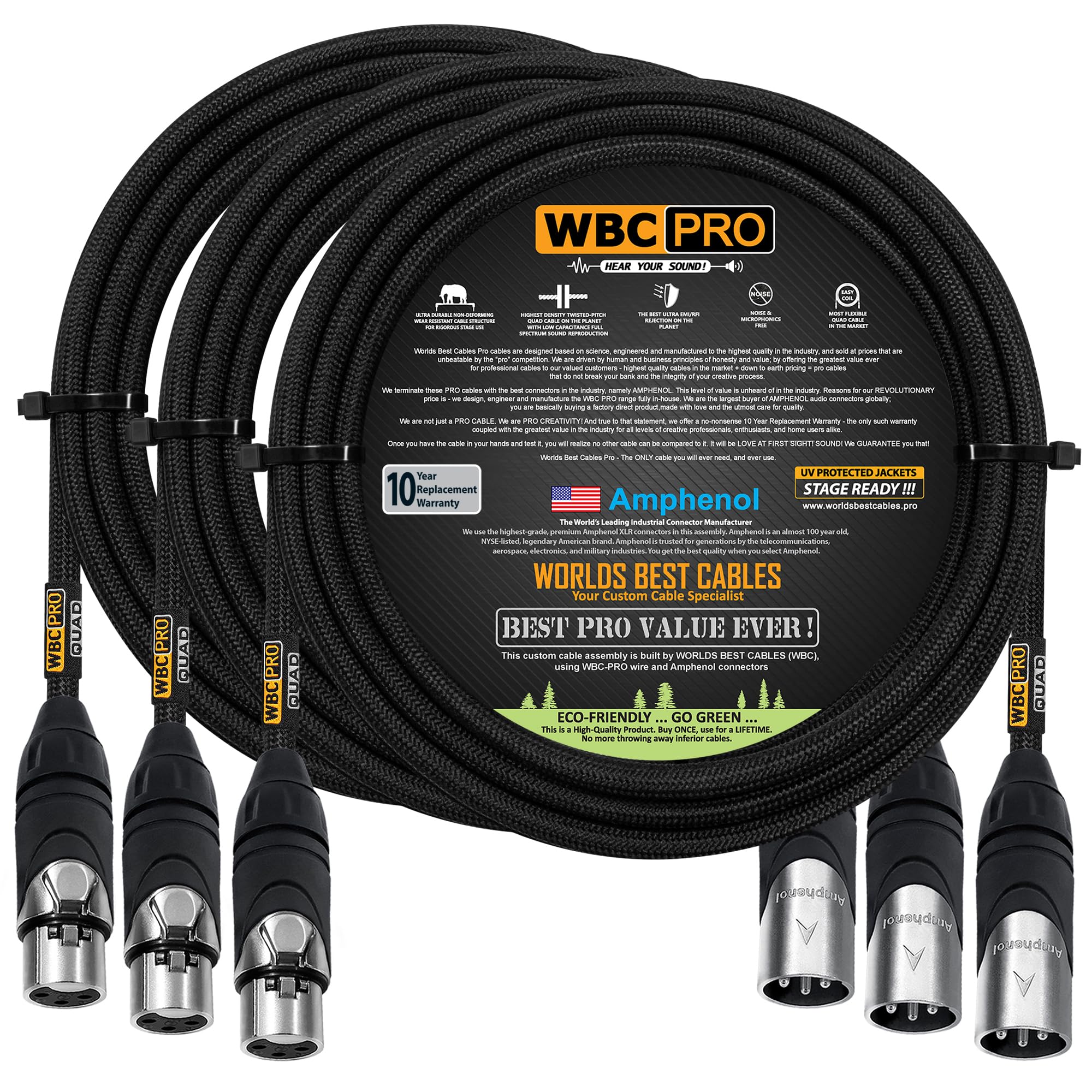 3 Units - 10 Foot - WBC-PRO-Quad Ultra-Silent Ultra-Flexible Balanced Star-Quad Cable with Amphenol Male & Female XLR Plugs & Black Tweed Jacket
