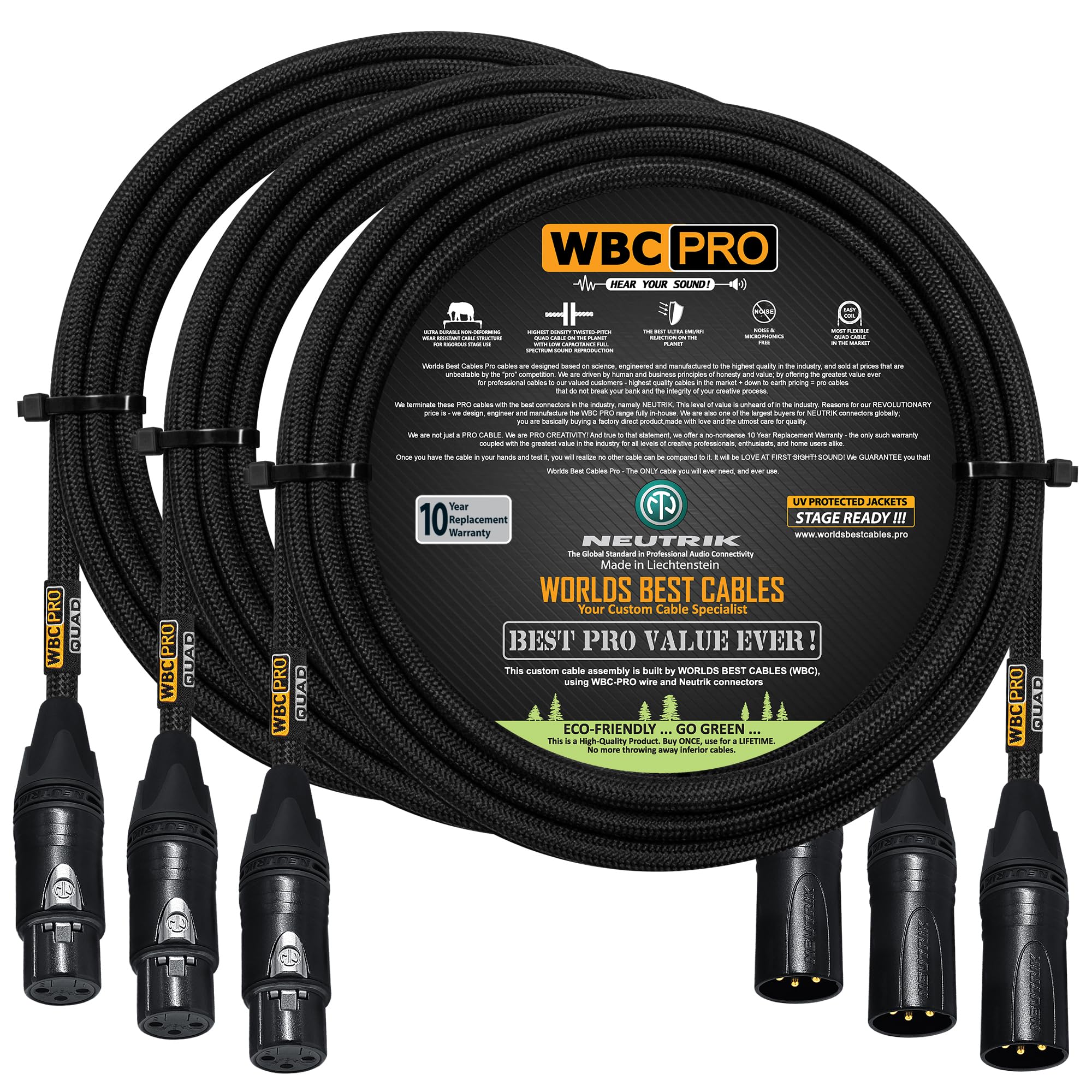 3 Units - 10 Foot - WBC-PRO-Quad Ultra-Silent Ultra-Flexible Balanced Star-Quad Cable with Neutrik Male & Female XLR Plugs & Black Tweed Jacket