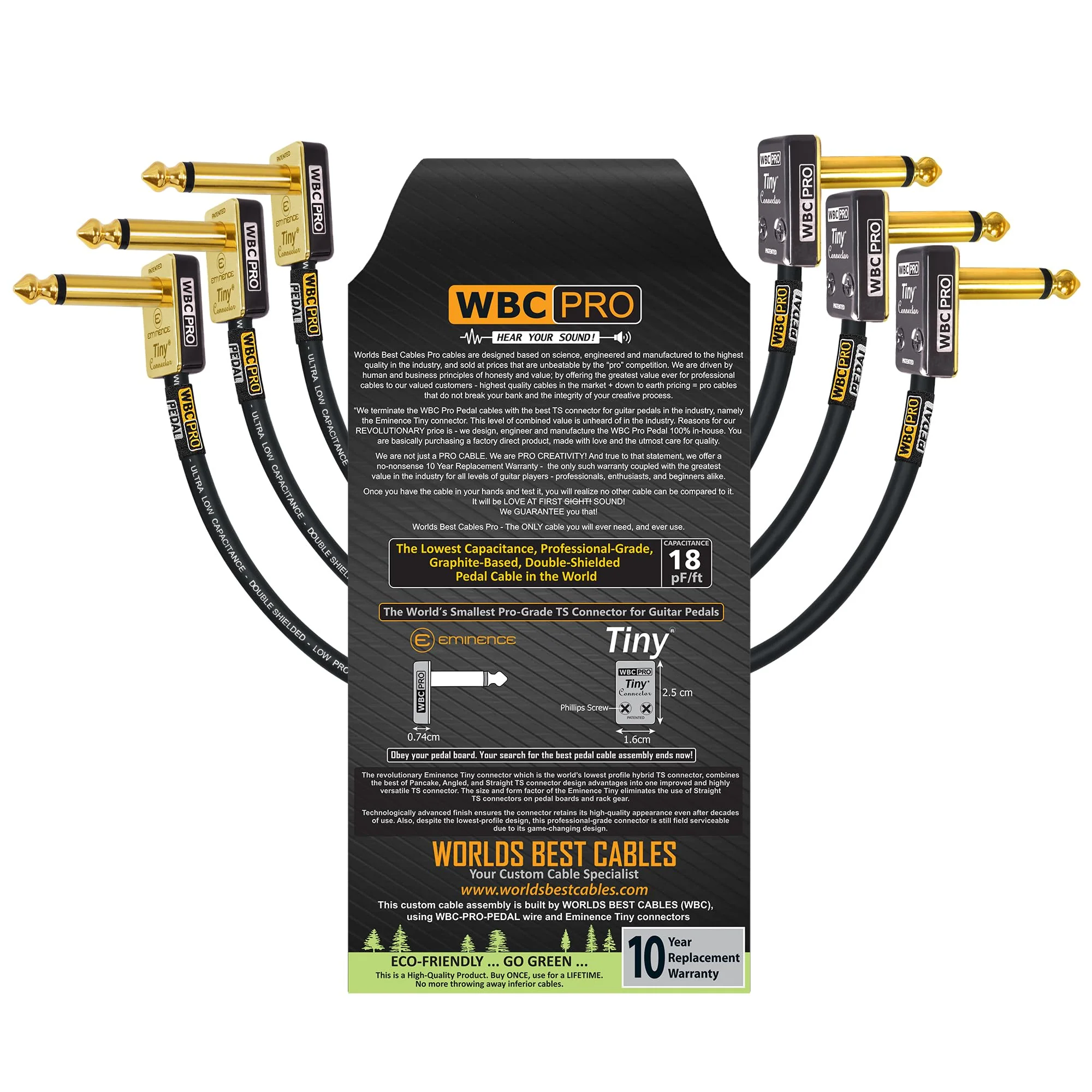 3 Units - 18 Inch - WBC-PRO-Pedal – 22 AWG - Low-Cap (18pF/ft) – Pro-Grade – Graphite-Based - Dual-Shielded Pedal, Effects, Patch, Instrument Cable with Eminence Tiny Gold Plated Angled TS Connectors