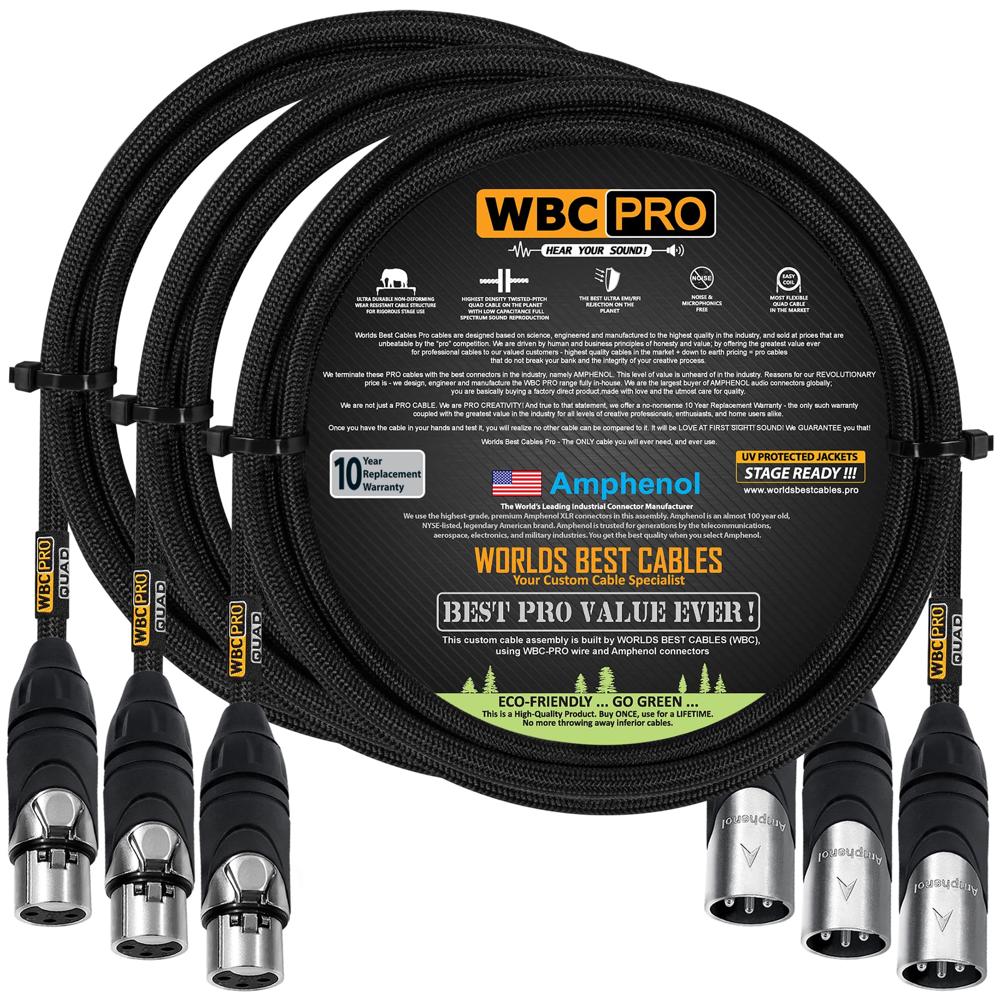 3 Units - 3 Foot - WBC-PRO-Quad Ultra-Silent Ultra-Flexible Balanced Star-Quad Cable with Amphenol Male & Female XLR Plugs & Black Tweed Jacket