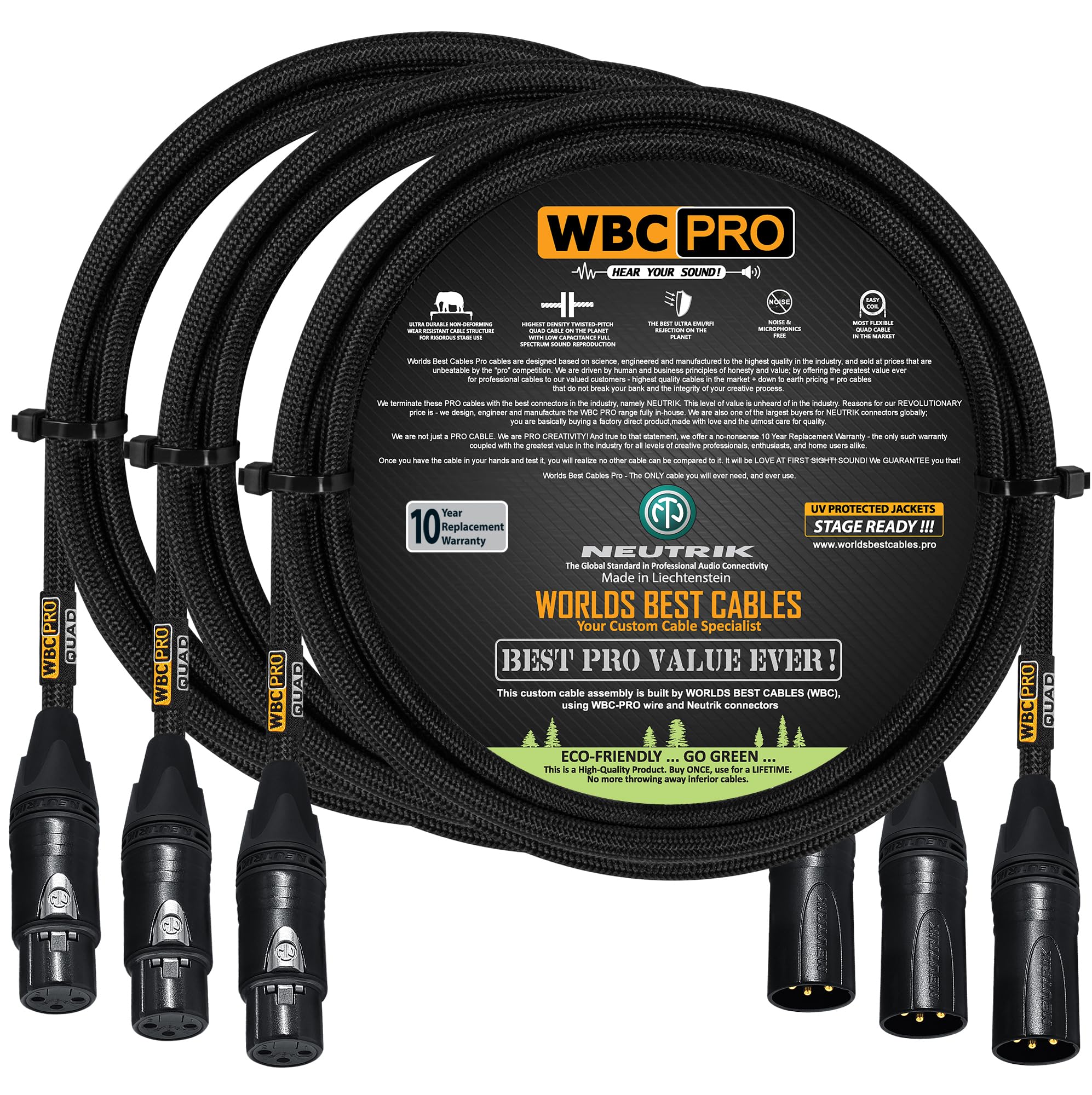 3 Units - 3 Foot - WBC-PRO-Quad Ultra-Silent Ultra-Flexible Balanced Star-Quad Cable with Neutrik Male & Female XLR Plugs & Black Tweed Jacket
