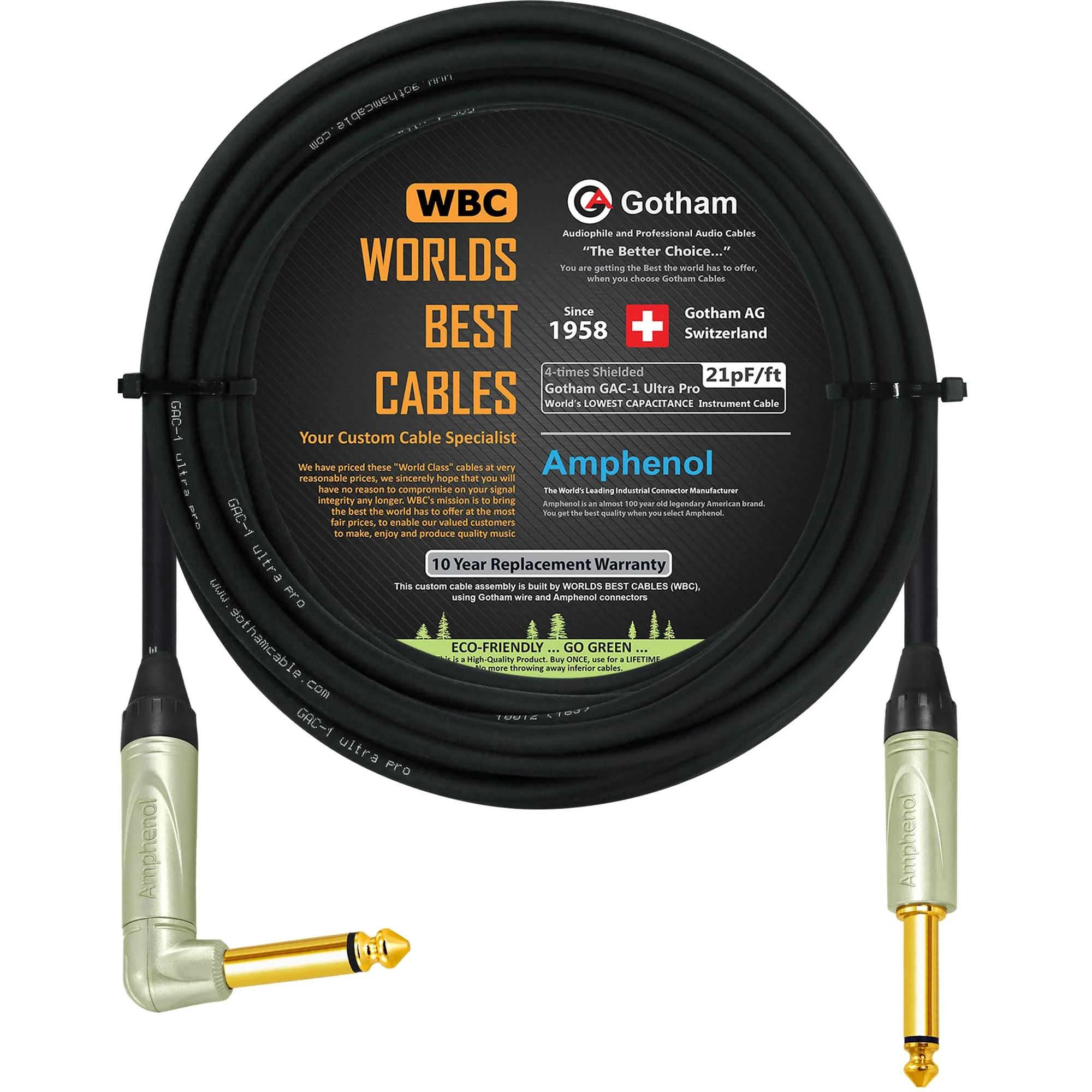 30 Foot - Gotham GAC-1 Ultra Pro (Black) - Premium, Low-Capacitance (21 pf/F) Guitar Bass Instrument Cable - Amphenol QM2R-AU & QM2P-AU ¼ Inch (6.35mm) Gold TS Connectors