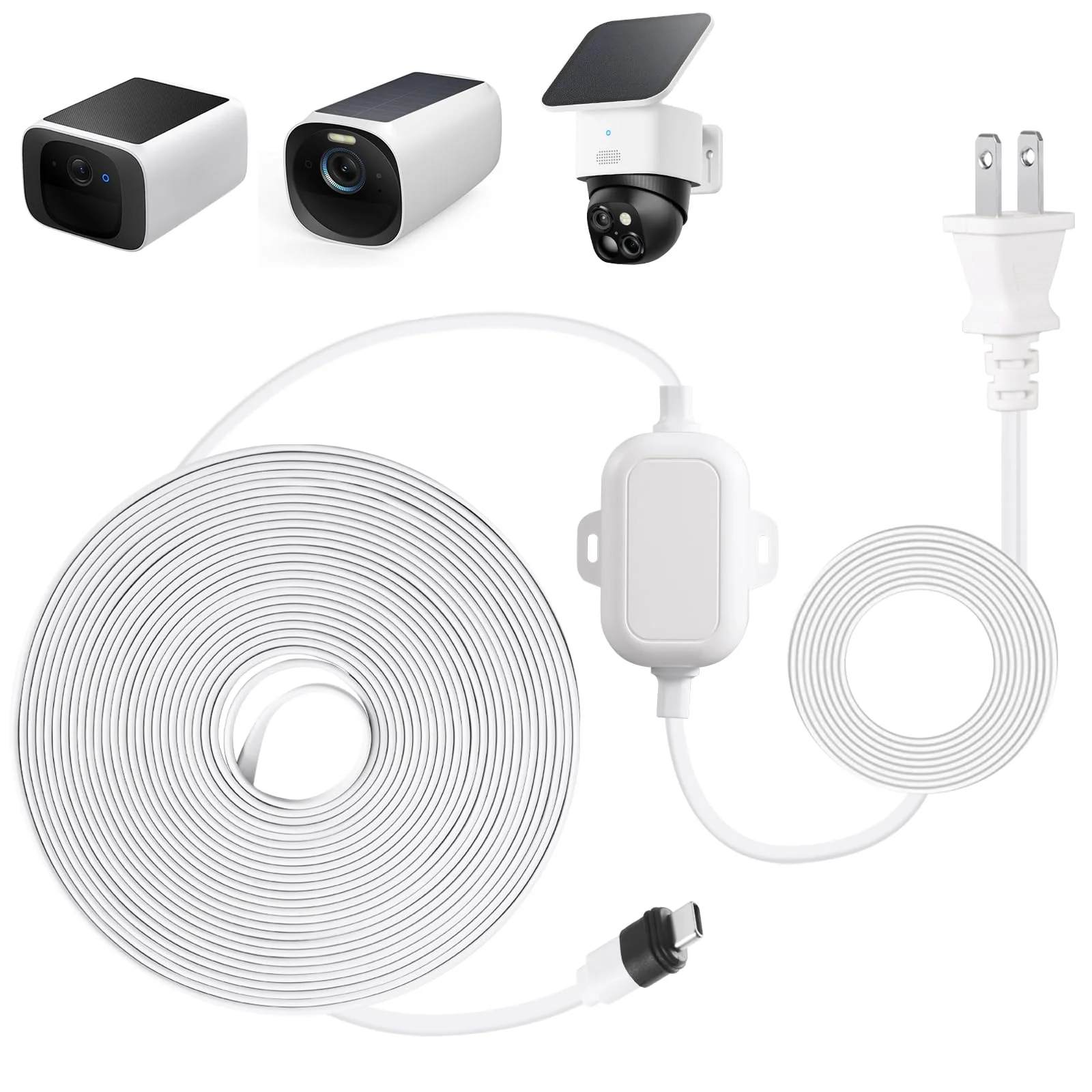 30FT Power Adapter Designed for eufy Security SoloCam S220/S340/C210, eufyCam 3/S330 and eufy Security Indoor Cam S350/C210/C220, Charger and Extension Cable Provide Continuous Charging - White