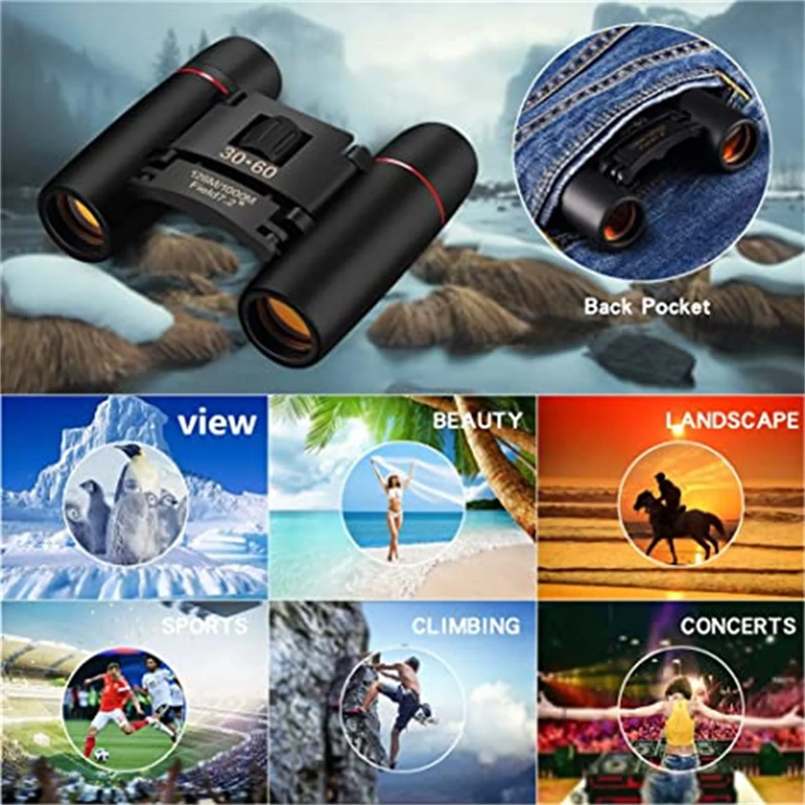 30x60 Mini Compact Binoculars for Adults, Portable Pocket Foldable Binoculars for Waterproof Bird Watching, Mountaineering, Outdoor Hunting - Image 7