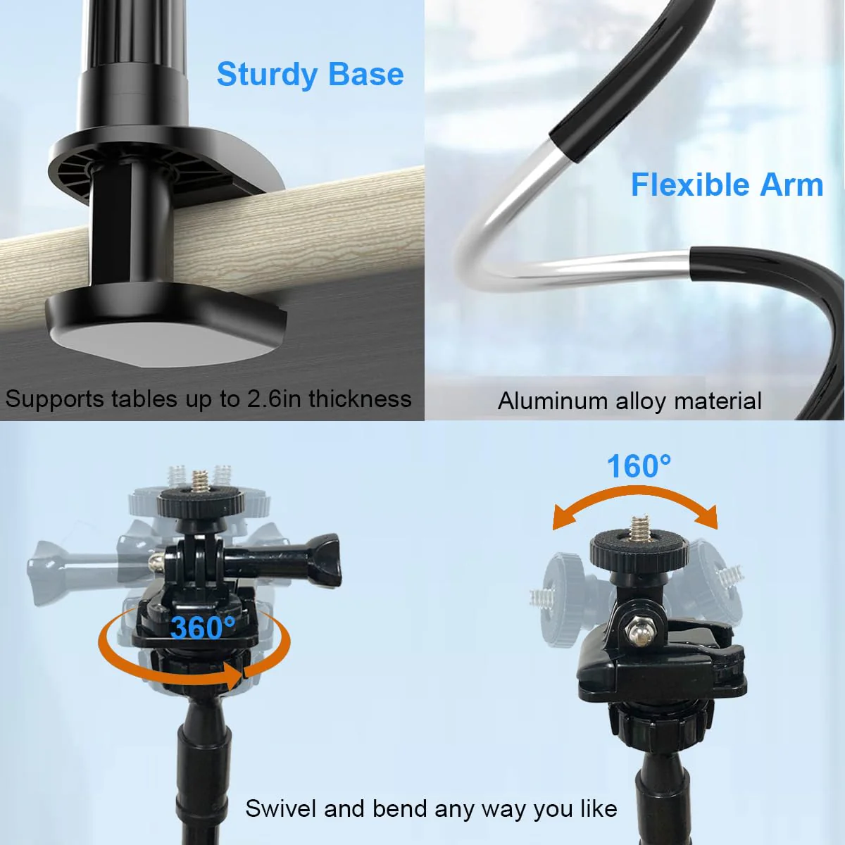 32 Inch Webcam Stand Camera Mount, Upgraded Thick Base Flexible Gooseneck Camera Stand Desk Webcam Mount Clamp for Logitech Webcam C930e C930 C920 C922x C922 Brio 4K C925e C615, Gopro Hero 8 7 6 5 4 - Image 3