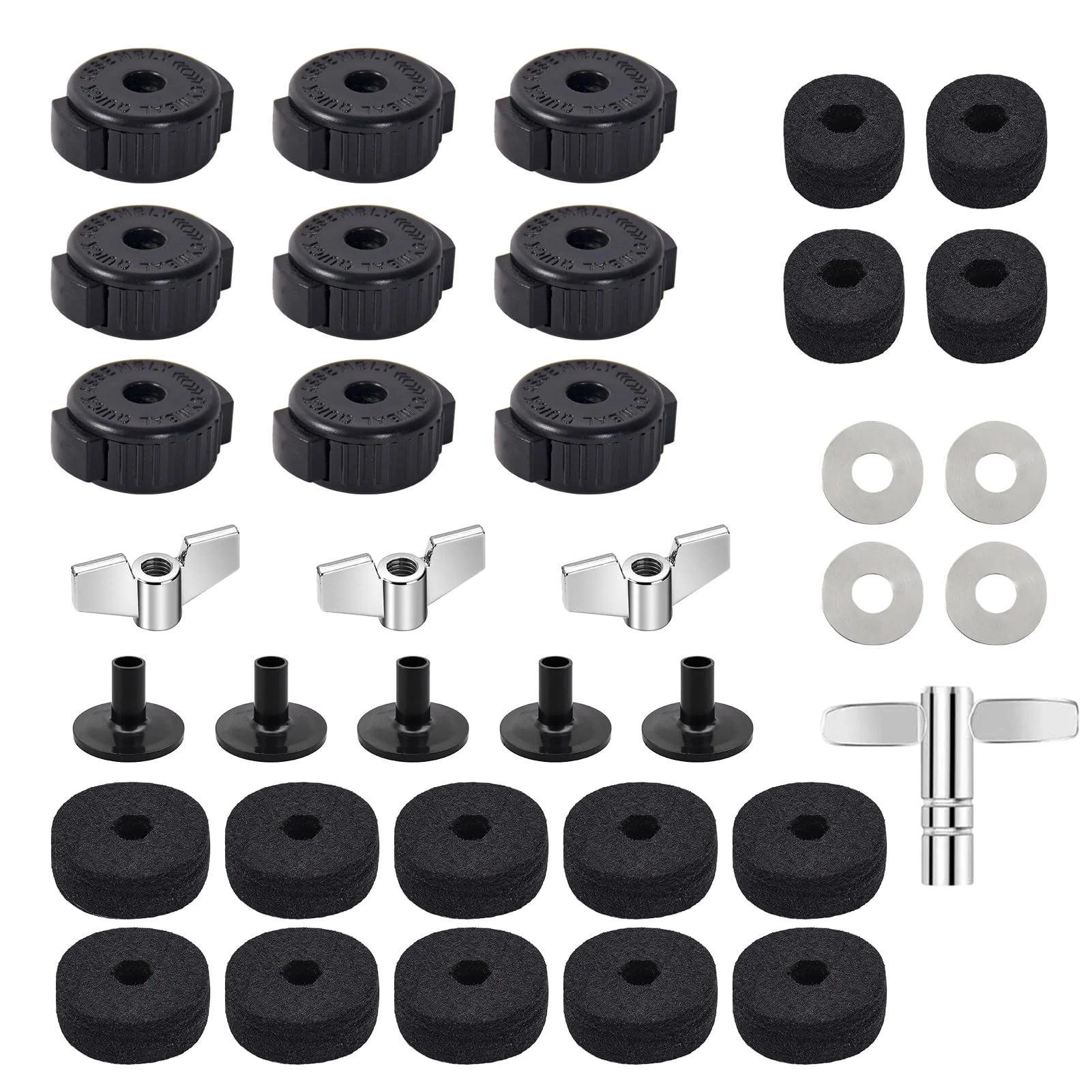 36 PCS Cymbal Replacement Accessories, Clutch Felts, Drum Cymbal Felt Pads Include Wing Nuts & Washers & Plastic Cymbals Sleeves & Drum Key and Plastic Cymbals Nuts, Replacement for Drum Set,Black Black
