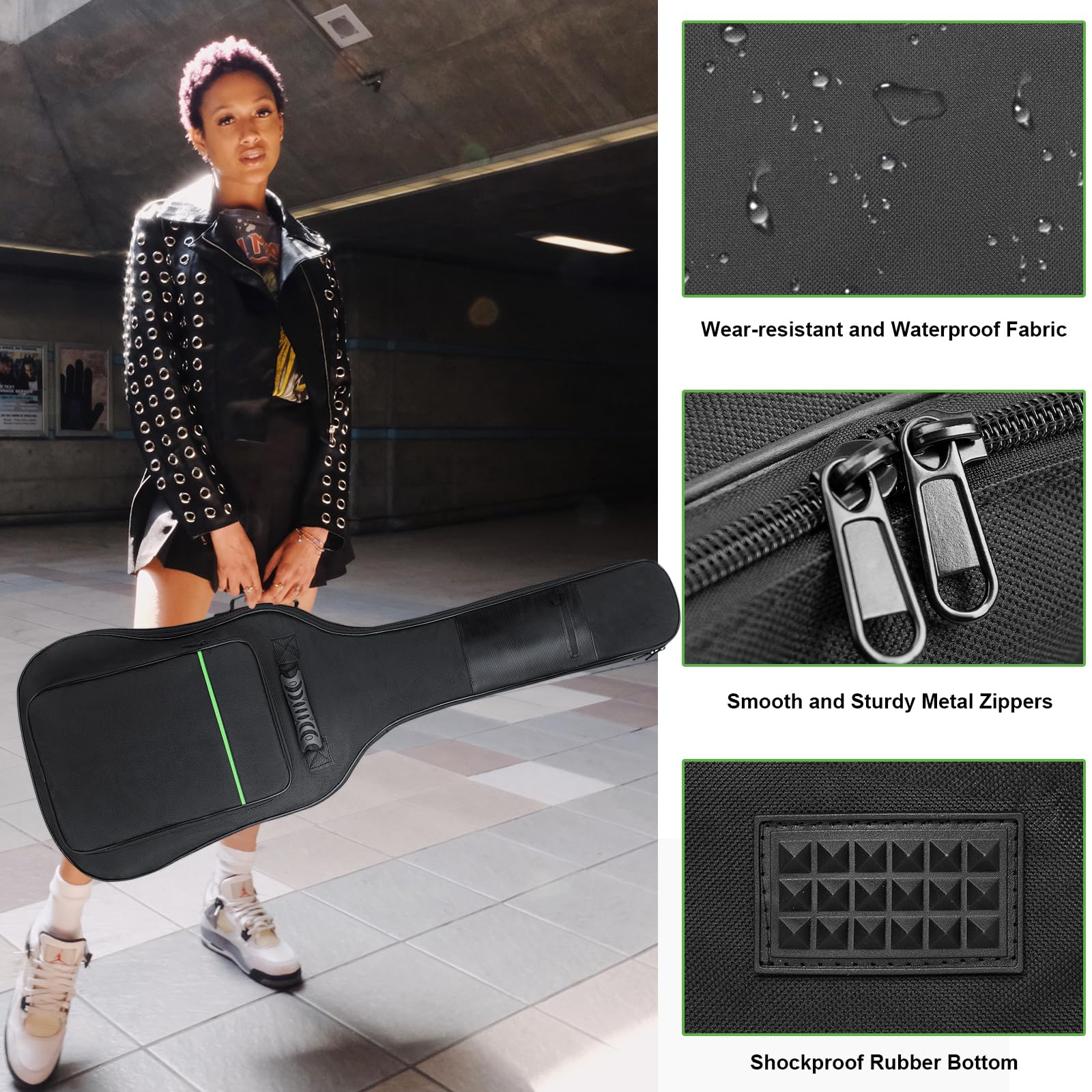 39 Inch Electric Guitar Bag 7mm Padding Waterproof Electric Guitar Case, Electric Guitar Gig Bag Backpack with Neck Strap and Pockets, Black Black(Green Line) - Image 2