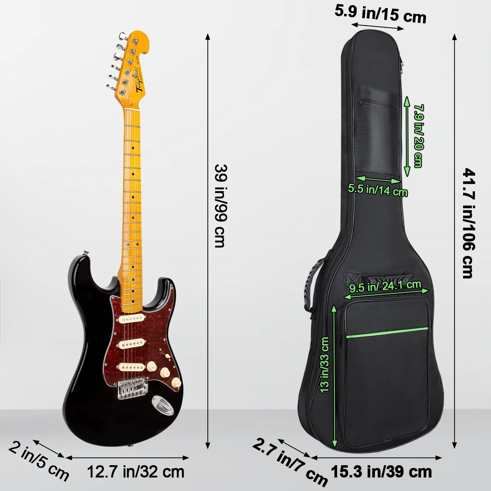 39 Inch Electric Guitar Bag 7mm Padding Waterproof Electric Guitar Case, Electric Guitar Gig Bag Backpack with Neck Strap and Pockets, Black Black(Green Line) - Image 3