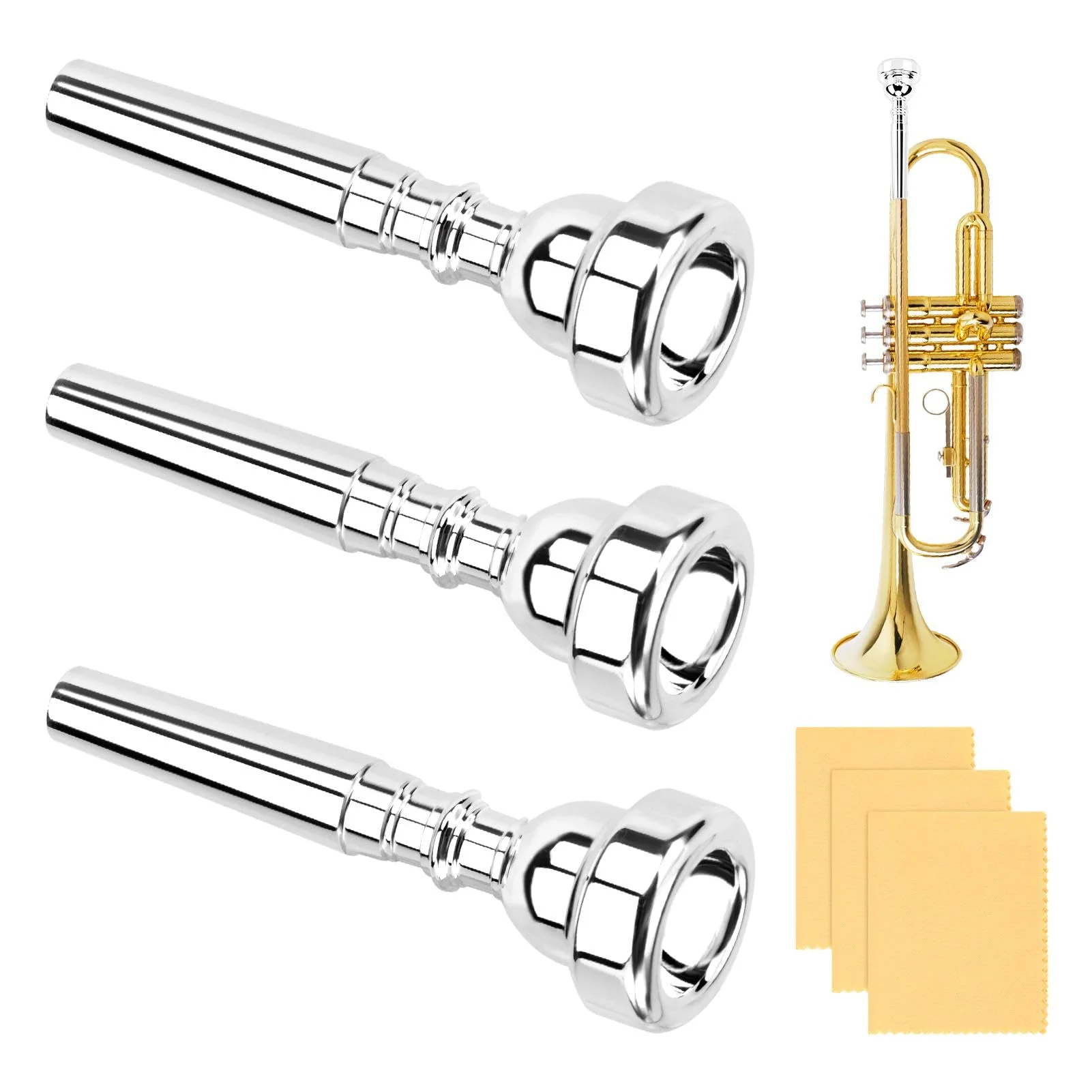 3C/5C/7C Trumpet Mouthpiece Set, Professional Trumpet Mouthpiece Replacement Parts Trumpet Tone Gift with Cleaning Cloth, Musical Instruments Accessories for Beginners(Yellow+Silver) Yellow+silver
