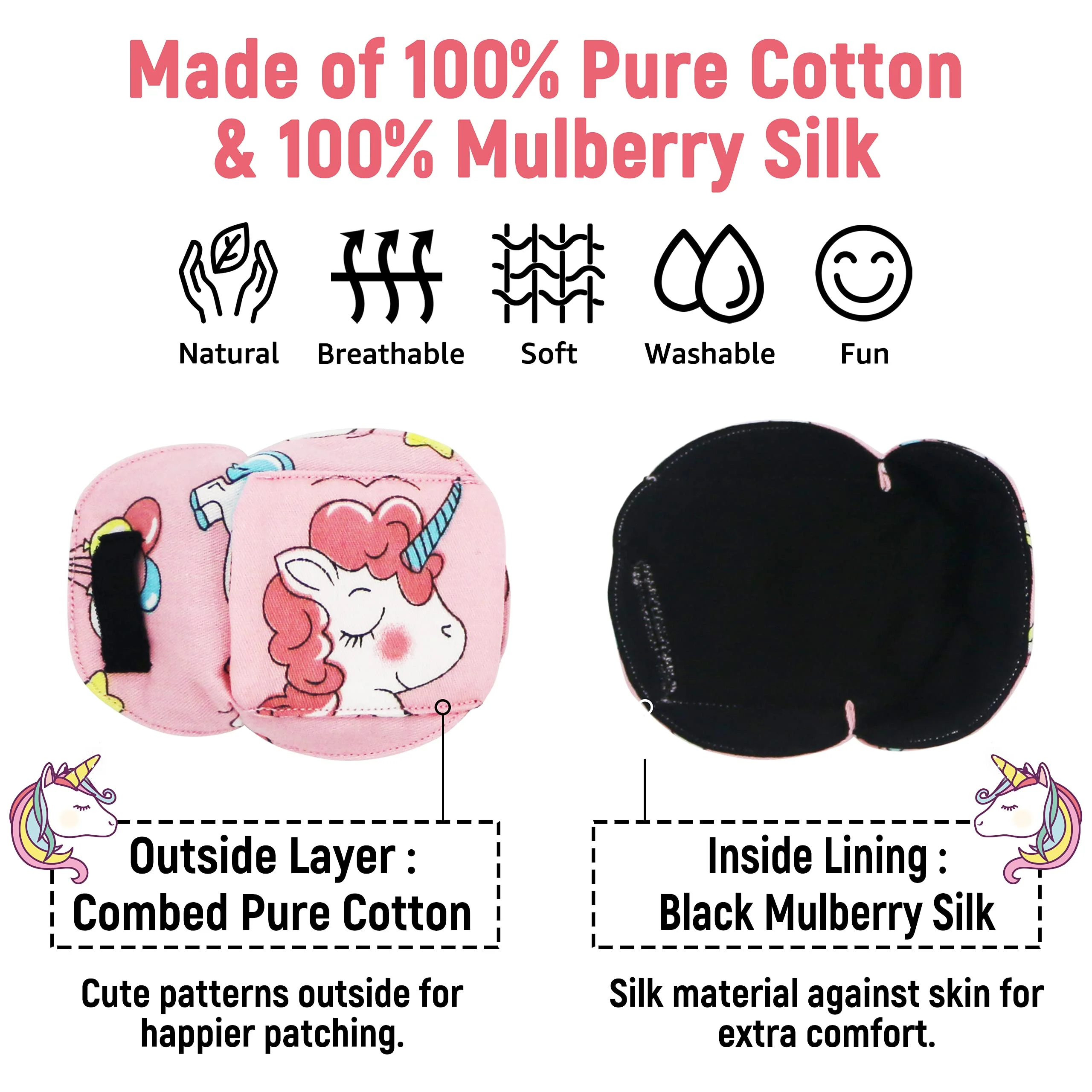 3D Cotton & Silk Eye Patch for Kids | Girls Eye Patch for Glasses | Medical Eye Patch for Children with Lazy Eye (Pink Unicorn, Right Eye) To Cover Right Eye Pink Hair Unicorn - Image 3