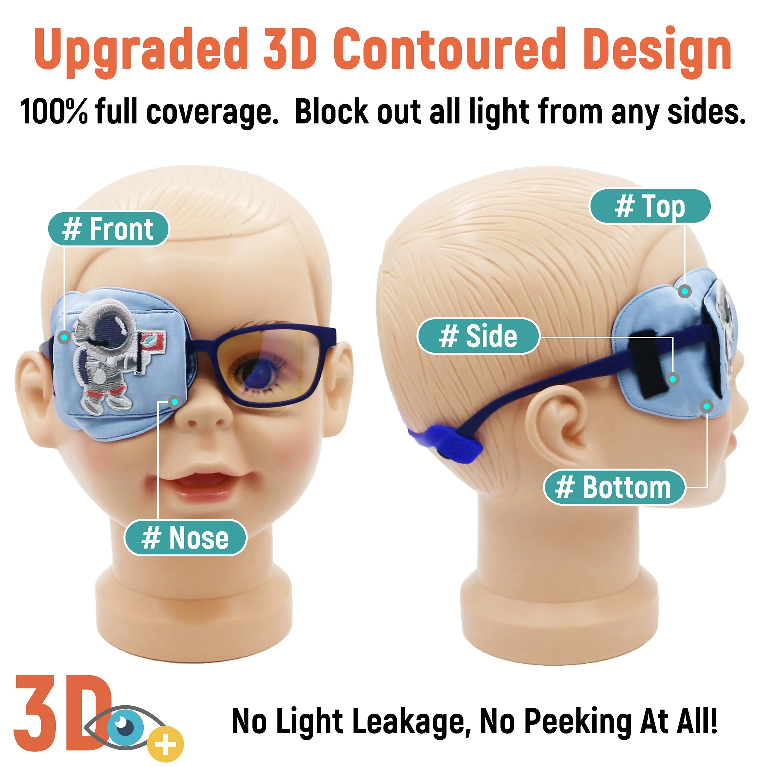 3D Silk Eye Patch for Kids | Boys Eye Patch for Glasses | Medical Eye Patch for Children with Lazy Eye (Blue - Astronaut, Right Eye) Blue Astronaut (Right Eye Coverage) - Image 2