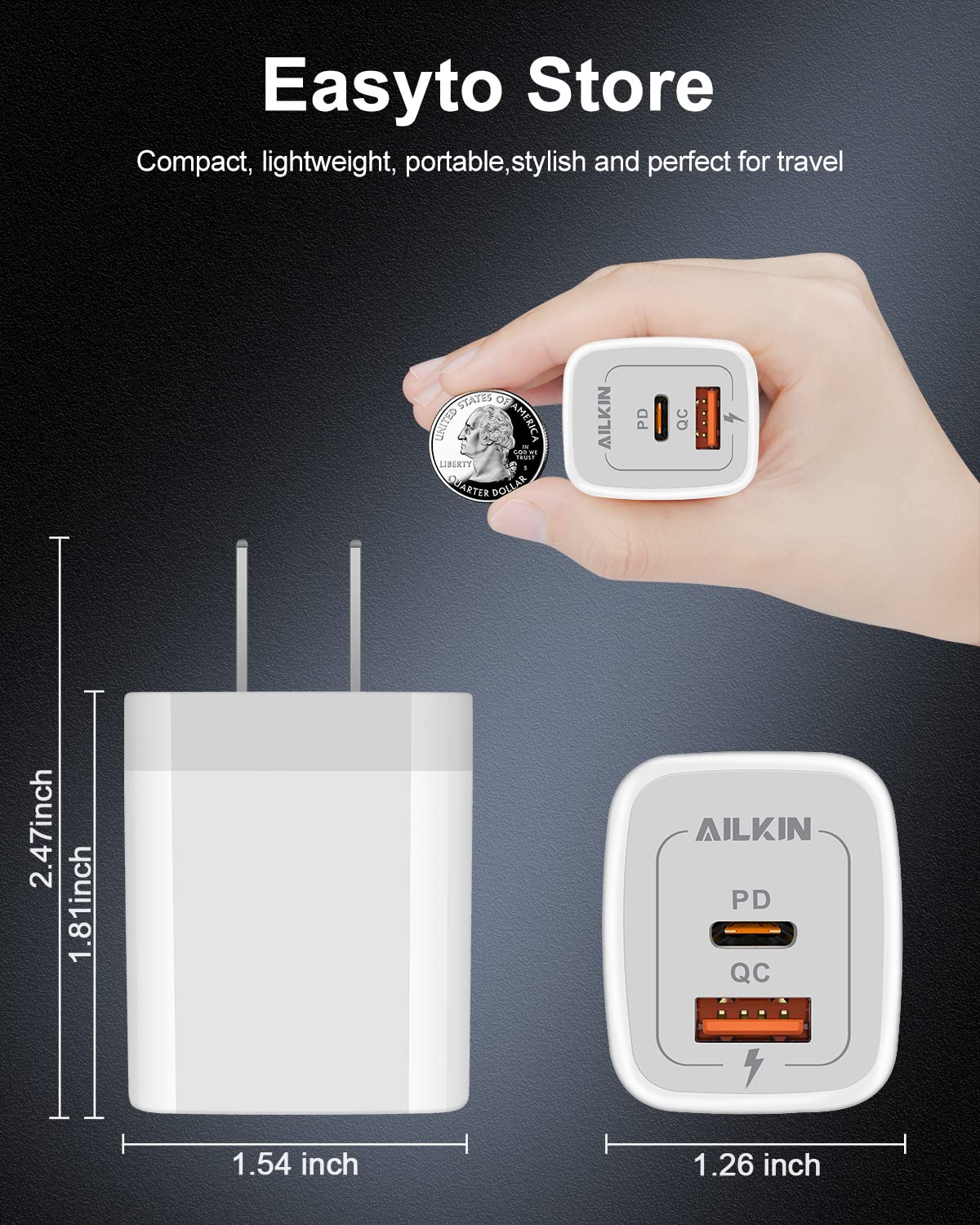 3Pack Dual Port USB-C Wall Plug-in USB Charger, AILKIN 20W Power Delivery + QC3.0 USB A Double Port Fast Charging Block for iPhone 15 14 13 12 Pro Max 14 Pro 12 Mini 11 Pro Max 14 Plus 11 SE X XS Cube White - Image 4