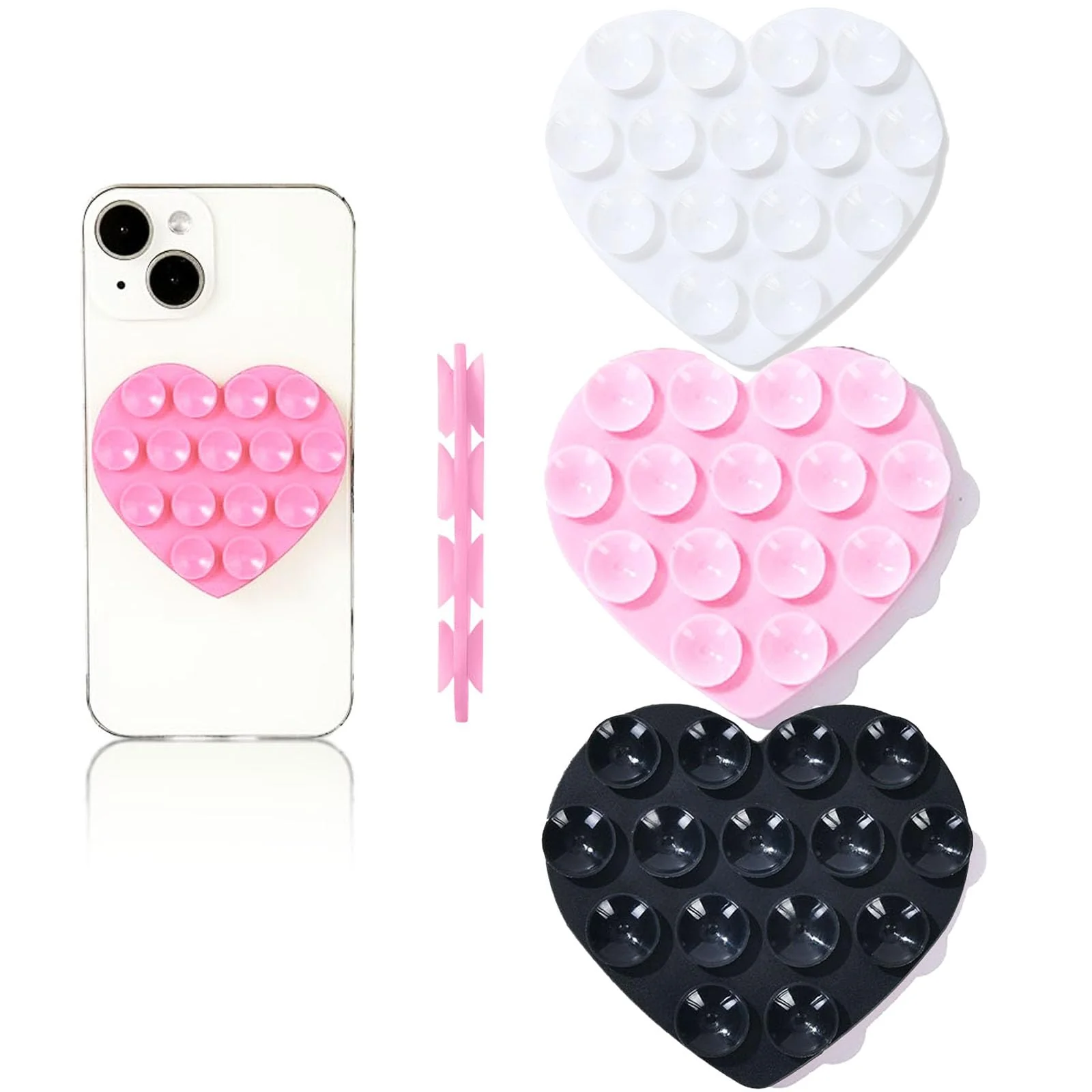 3PCS Silicone Suction Phone Case Mount,Double-Sided Heart Shaped Non Slip Suction Cup Phone Mount,Hands-Free Phone Accessories Holder for Selfies and Videos,Phone Stand Sticky for Cell Phone