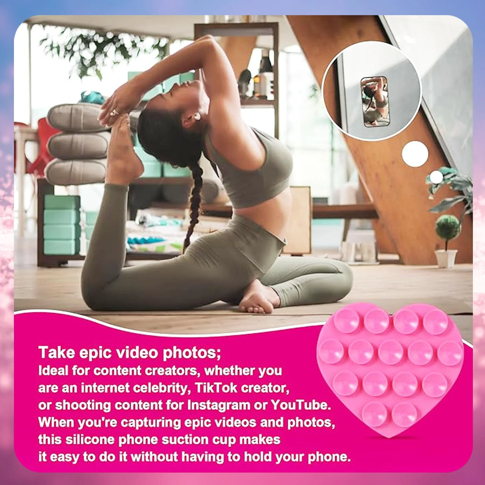 3PCS Silicone Suction Phone Case Mount,Double-Sided Heart Shaped Non Slip Suction Cup Phone Mount,Hands-Free Phone Accessories Holder for Selfies and Videos,Phone Stand Sticky for Cell Phone - Image 4