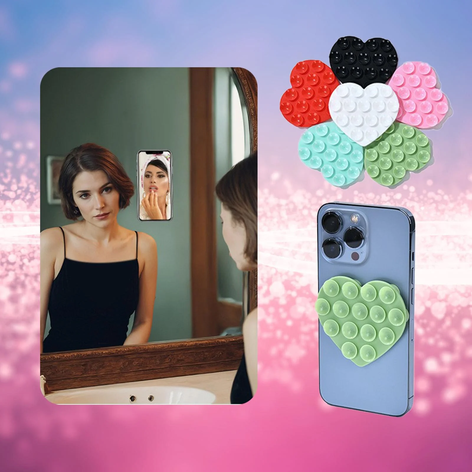 3PCS Silicone Suction Phone Case Mount,Double-Sided Heart Shaped Non Slip Suction Cup Phone Mount,Hands-Free Phone Accessories Holder for Selfies and Videos,Phone Stand Sticky for Cell Phone - Image 7