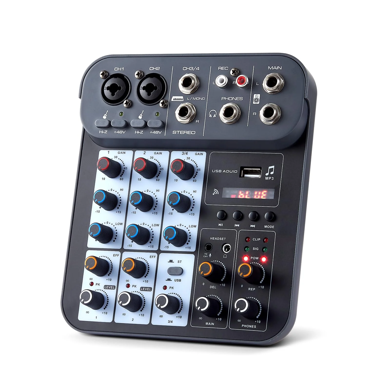 4 Channel DJ Audio Mixer, DJ Mixers Sound Board, Sound Mixer Board XLR 1/4" Interface, BT USB MP3 Computer Input 48V Phantom Power Stereo Karaoke DJ Studio Streaming KTV Stage G4B